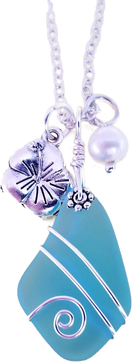 yinahawaii Handmade Sea Glass Necklace, Hawaiian Jewelry For Women, Wire Turquoise Bay Blue Necklace Hibiscus Pearl Necklace, Beach Jewelry Birthday Gift (December Birthstone) (Non-Personalized)