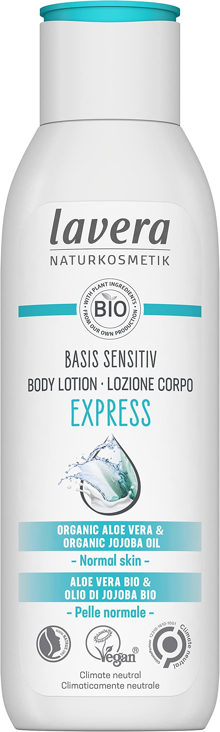 Basis Sensitive Body Lotion Express – 24-hour fast-absorbing moisturiser with organic aloe vera & organic jojoba oil, absorbs extra quickly – vegan & dermatologically tested – 250 ml