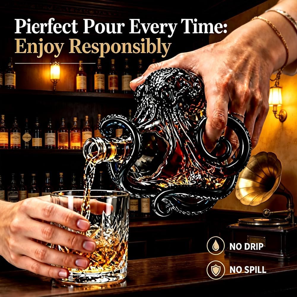 3D-Oktopus-Glasdekanter, 350 ml, nautische Kunstflasche, geformter Tiefsee-Displayhalter für Wein, Whiskey, Likör, Limonade, einzigartige Sammleredition
