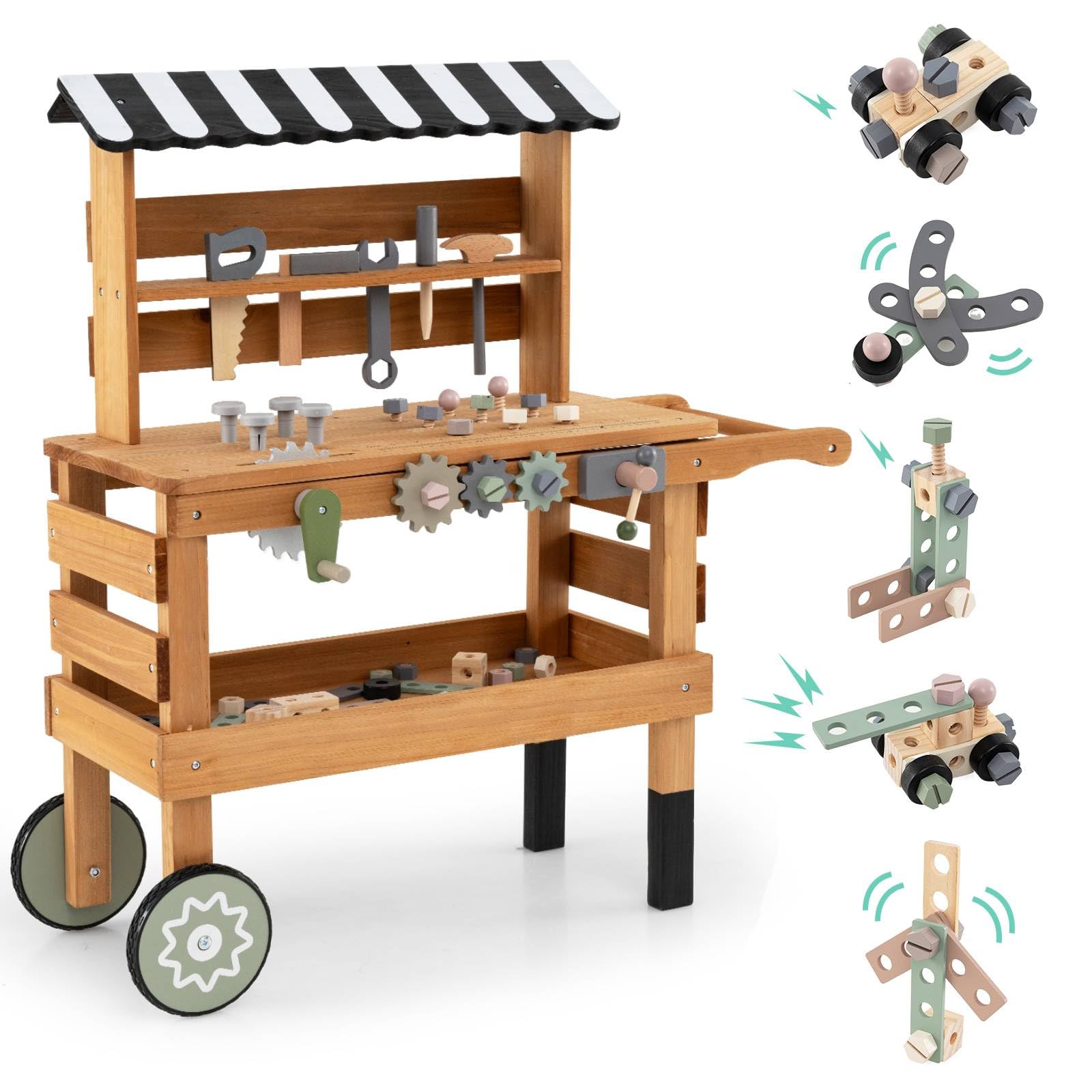 GYMAX Wooden Kids Workbench, 2-in-1 Children Tool Bench with Canopy, Wheels and Toy Tools Set, Pretend Play Work Bench for 3 Years Old+