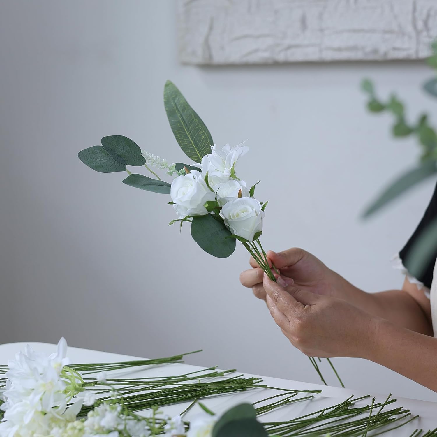 VIERENA Artificial Greenery Stems Box Set(Pack of 75pcs) with 8 Kinds of Faux Plants and Fake Flowers for DIY Wedding Bouquet Table Centerpieces and Floral Arrangement (White&Green) - Image 7