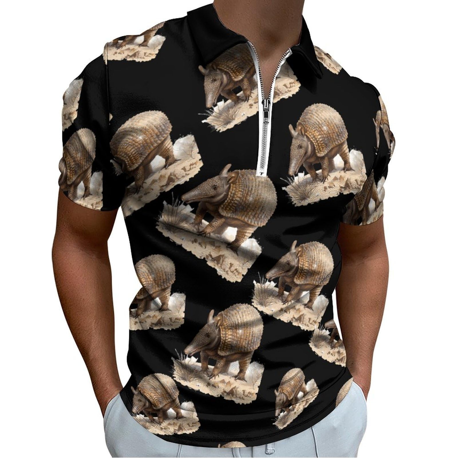 Armadillo in Desert Men's Golf Polo T-Shirt Short Sleeve Tee Casual Collared Athletic Tops