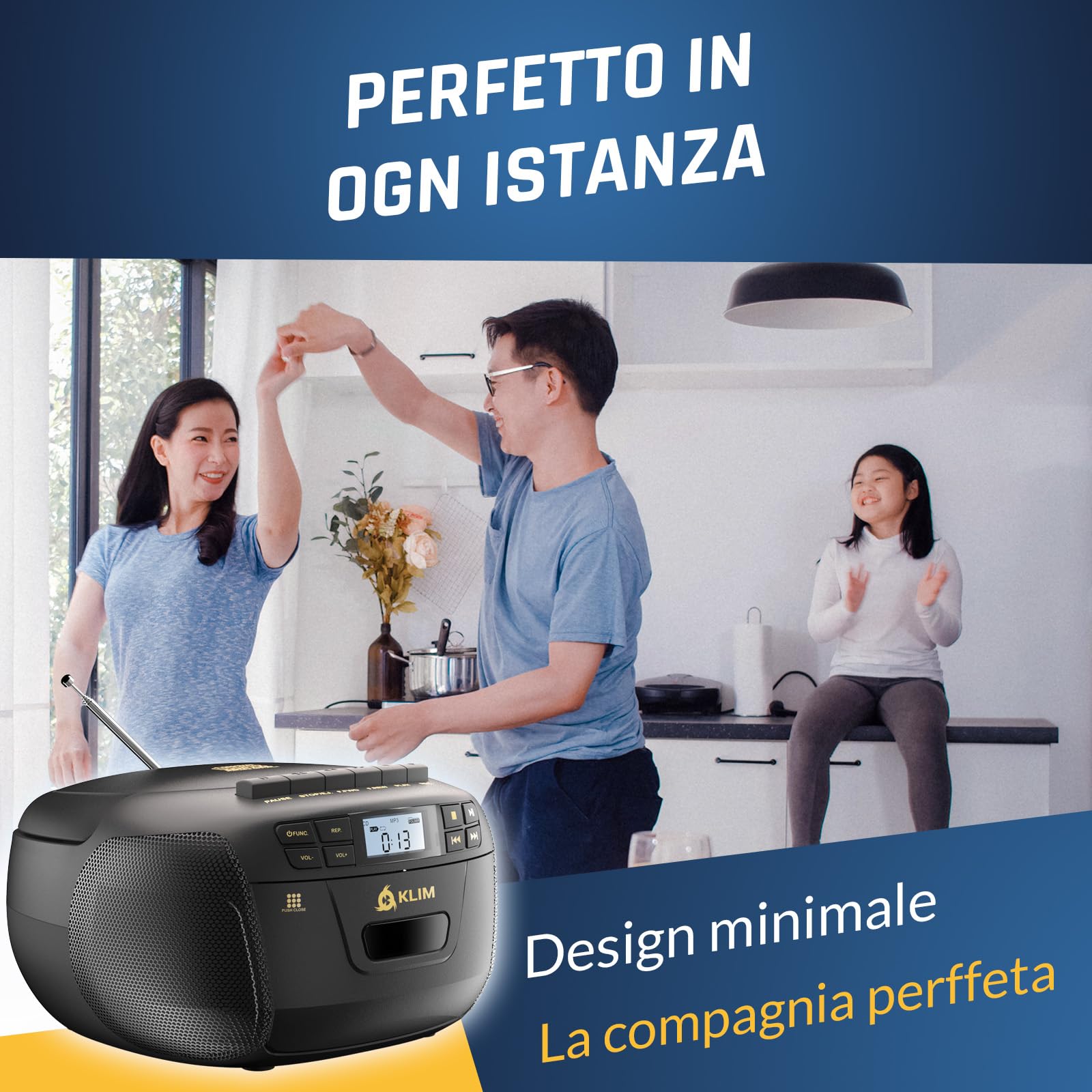 KLIM Lettore CD - Lettore Cassette Audio, AM/FM Radio Bluetooth, Stereo CD Player, Remota, Registrazione Su Nastro, USB Drive, AUX, Radio Stereo Casa Alimentazione AC/DC - Nero/Oro