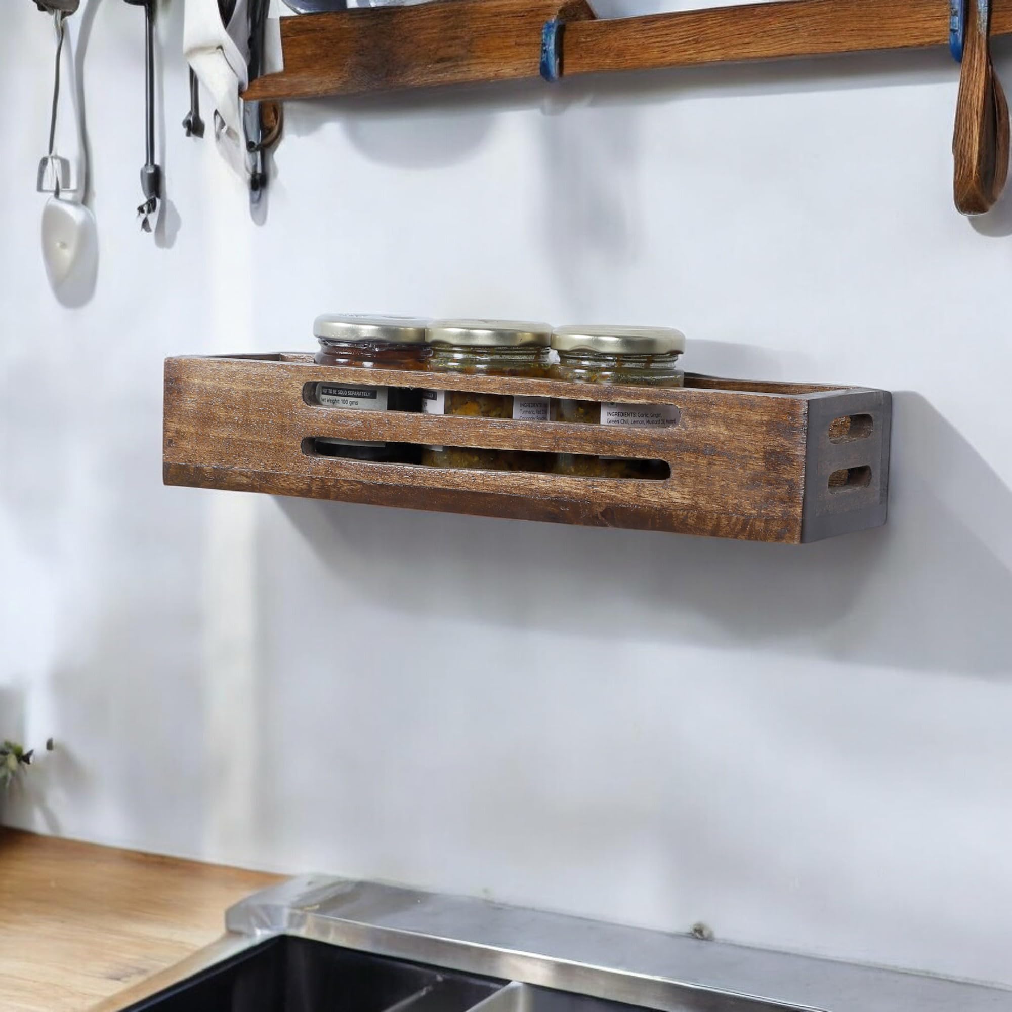 The Urban Store Kitchen Rack, Shelf, Spice Holder Wood Wall Mounted Walnut Color 30 x 9 x 6 CM Pack Of One Contemporary Style Elegantly Hand Crafted For Home And Kitchen TUSKR01
