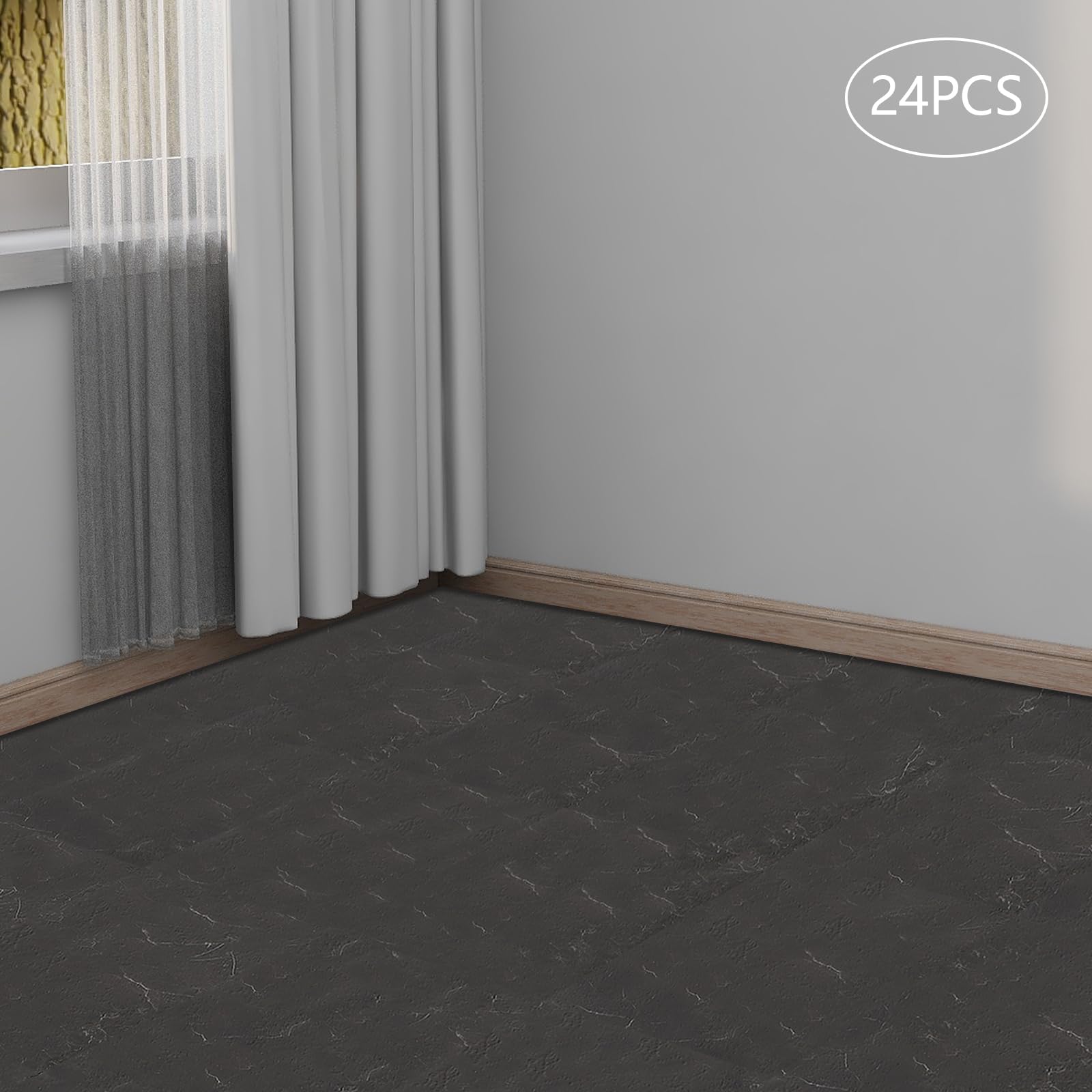 Baldosas autoadhesivas de PVC, 24 unidades (60 x 30 cm), 1,3 mm de grosor (aproximadamente 4,32 ㎡ de superficie de cubierta), color negro, grano de piedra, impermeable, moderno, para cocina y baño