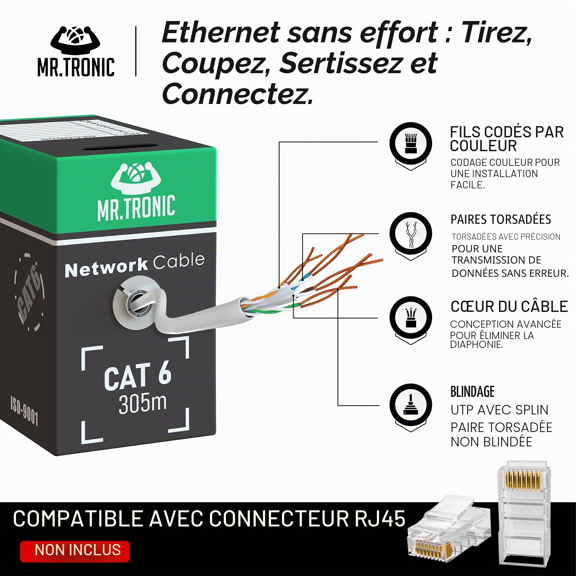 Mr. Tronic cat6 Vrac Câble Ethernet 305m, Bulk Reseau LAN Cable Ethernet Cat 6 Haut Debit Pour Internet Rapide 1 Gbps 250 MHz, Cable Ethernet AWG24, Cat6 Câble en Vrac UTP CCA (305 Mètres, Gris)