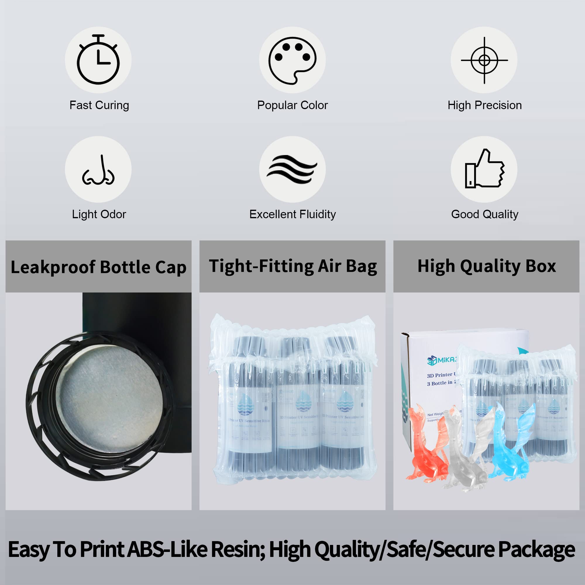 Mika3D High Tough ABS-Like Popular Clear 3D Printer Resin Bundle, High Precise Great Details 3D Photopolymer for LCD/DLP 3D Printing, Clear/Clear Red/Clear Blue 3 Bottles Packed, Total 1.5kg 3D Resin