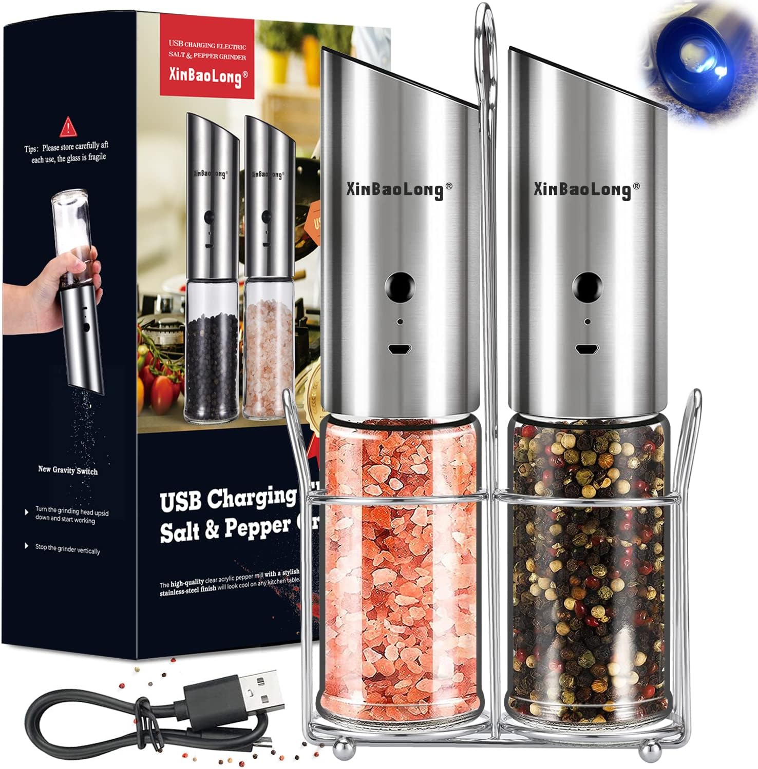 [Most Popular Pepper Grinder]USB Rechargeable Electric Salt and Pepper Grinder Set,XinBaoLong Stainless Steel Pepper Grinder Refillable,Adjustable Coarseness,Gravity Salt and Pepper Grinder Set