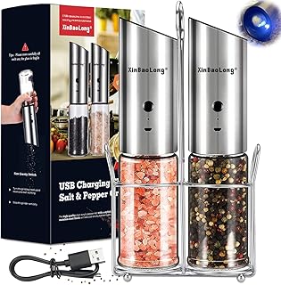 Electric Salt and Pepper Grinder Set,USB Rechargeable Salt and Pepper Grinder Set,XinBaoLong Stainless Steel Pepper Grinder Refillable,Adjustable Coarseness,Gravity Salt and Pepper Grinder Set