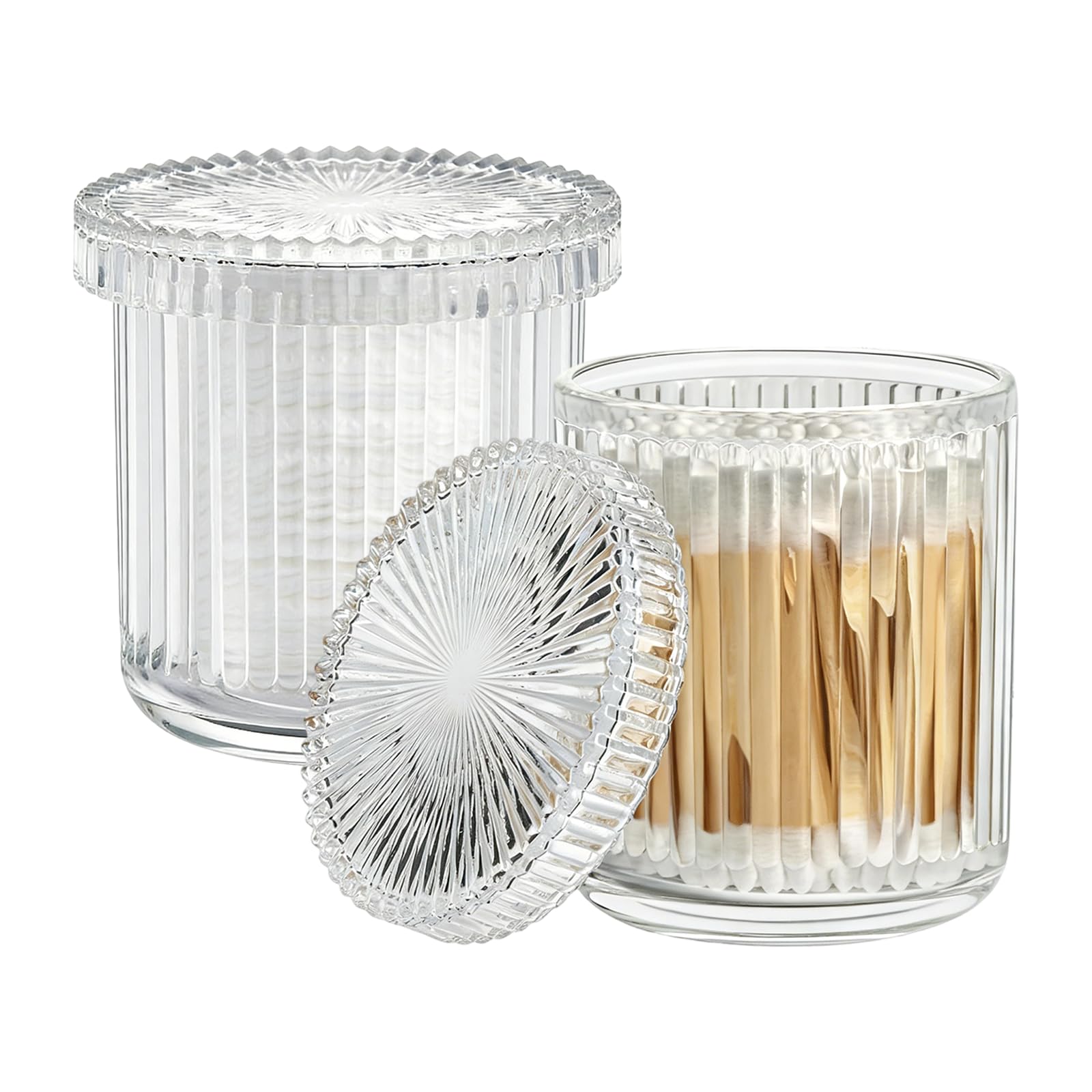 MC MEICHUANG Set of 2 Glass Bathroom Storage Jars with Lids, Vintage Ribbed Cotton Ball Q-tip Holder Organizer, Countertop Floss Organiser Canister, Dust-Proof Glass Dispenser (Clear)