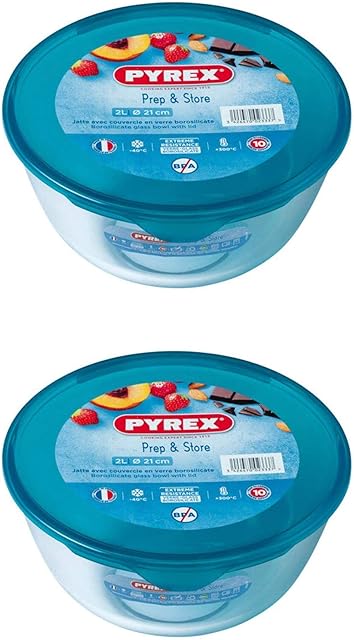 Pyrex Microwave Safe Classic Round Glass Dish Plastic Lid 2.0 Litre Blue (Pack of 2)