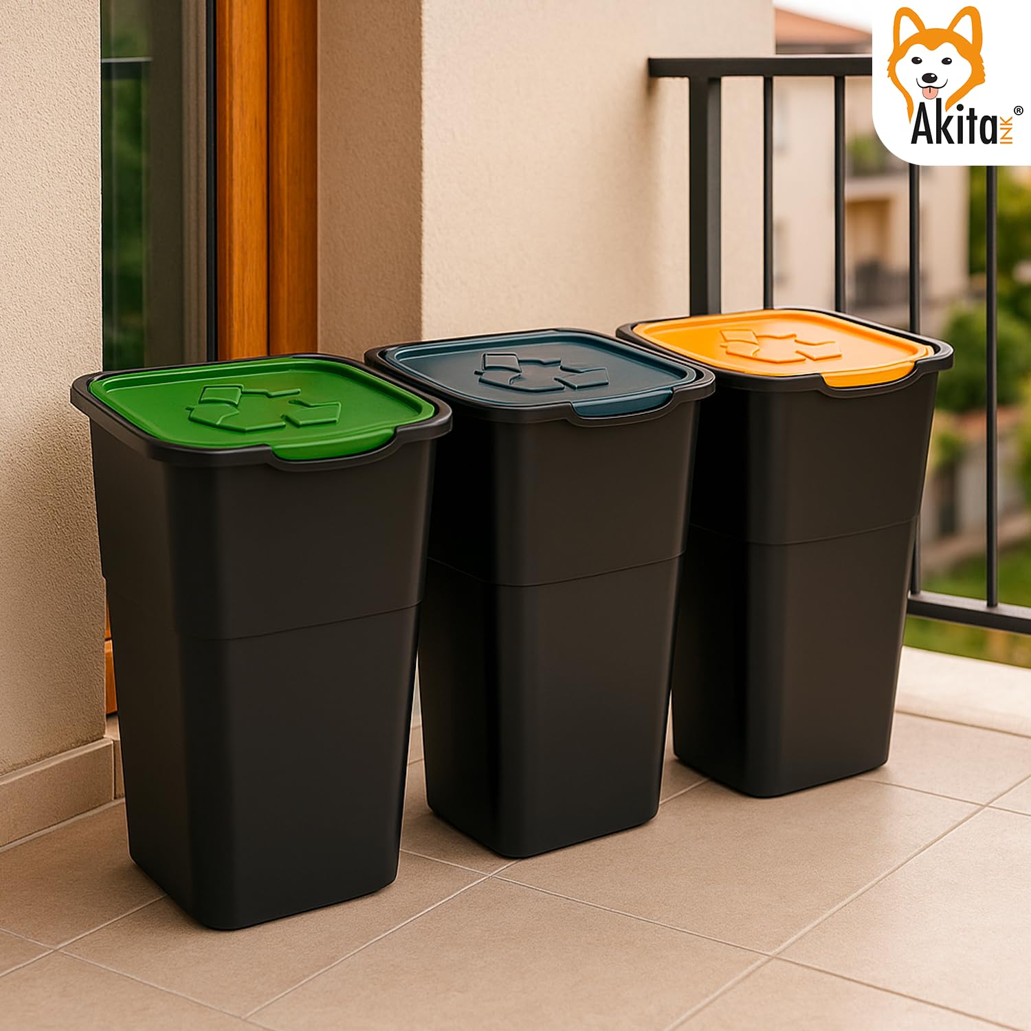 AKITAInk AKIECO3 Pattumiera Raccolta Differenziata 3x50L con Coperchi Colorati – Bidoni Spazzatura in Plastica Resistente per Interni ed Esterni – Casa, Ufficio, Giardino – Made in Italy