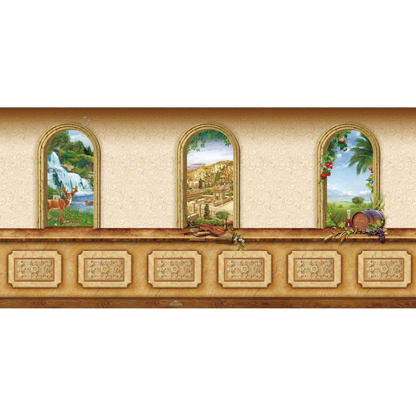 Mefoar JudaicaSukkah Tapestry Nisuch Hamayim, Beis Hamikdash, Shivas Haminim 7.5 ft Tall x 15 ft Wide Outdoor Fabric Wall Hanging Jewish Succos Decoration, Festive Sukkot Mural, Easy Holiday Decor