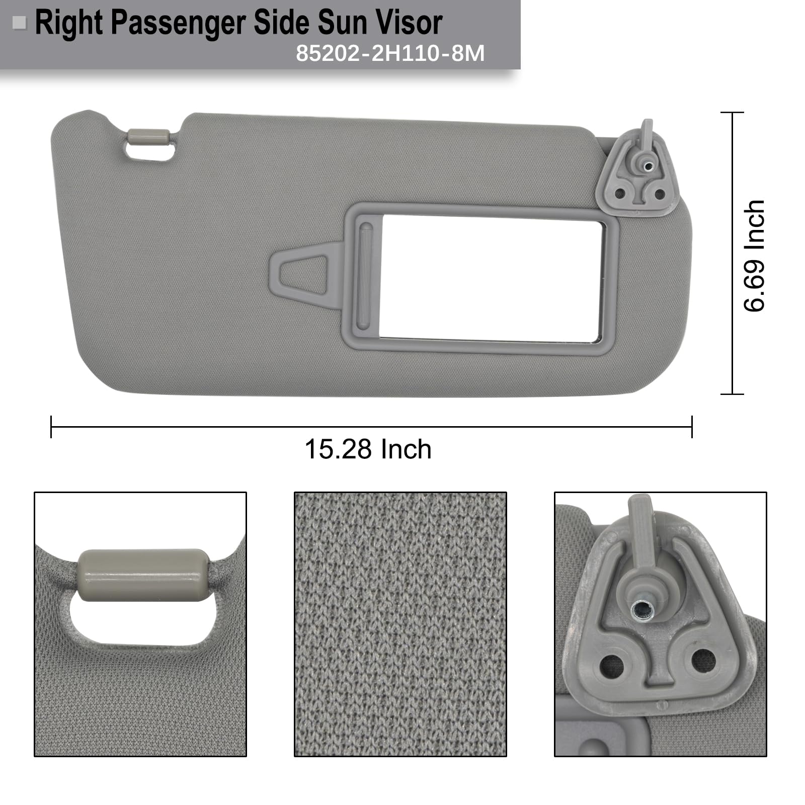 NHILES Visera para el lado derecho del pasajero para Hyundai Elantra 2007 2008 2009 2010 Sombra de reemplazo para el sol # 85202-2H110-8M (Gris)