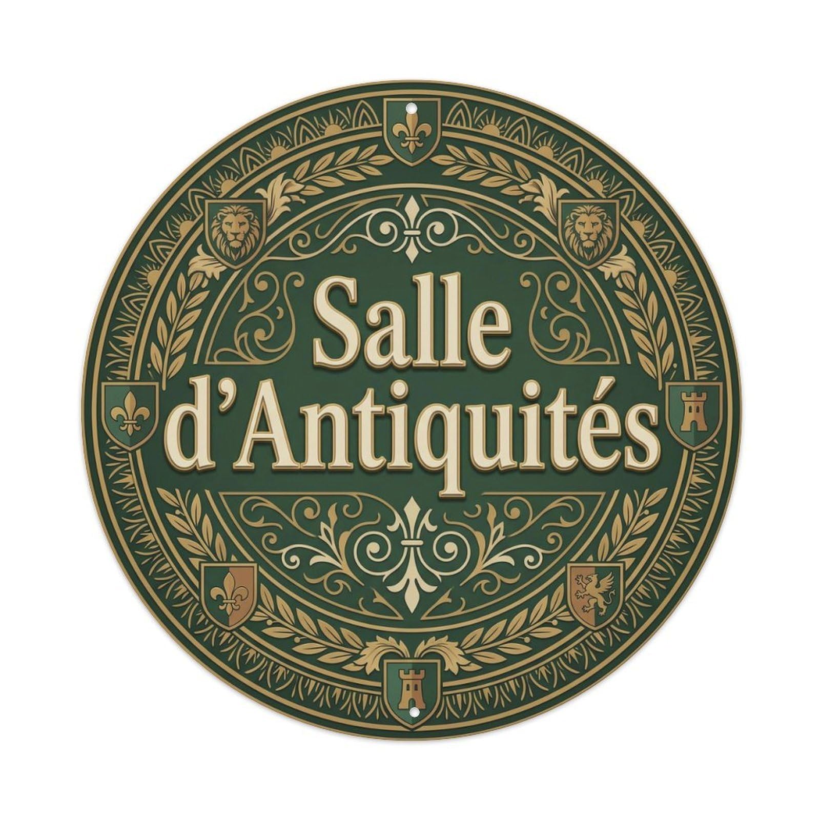 Vintage Salle D'Antiquités Text Vase Metal Tin Sign