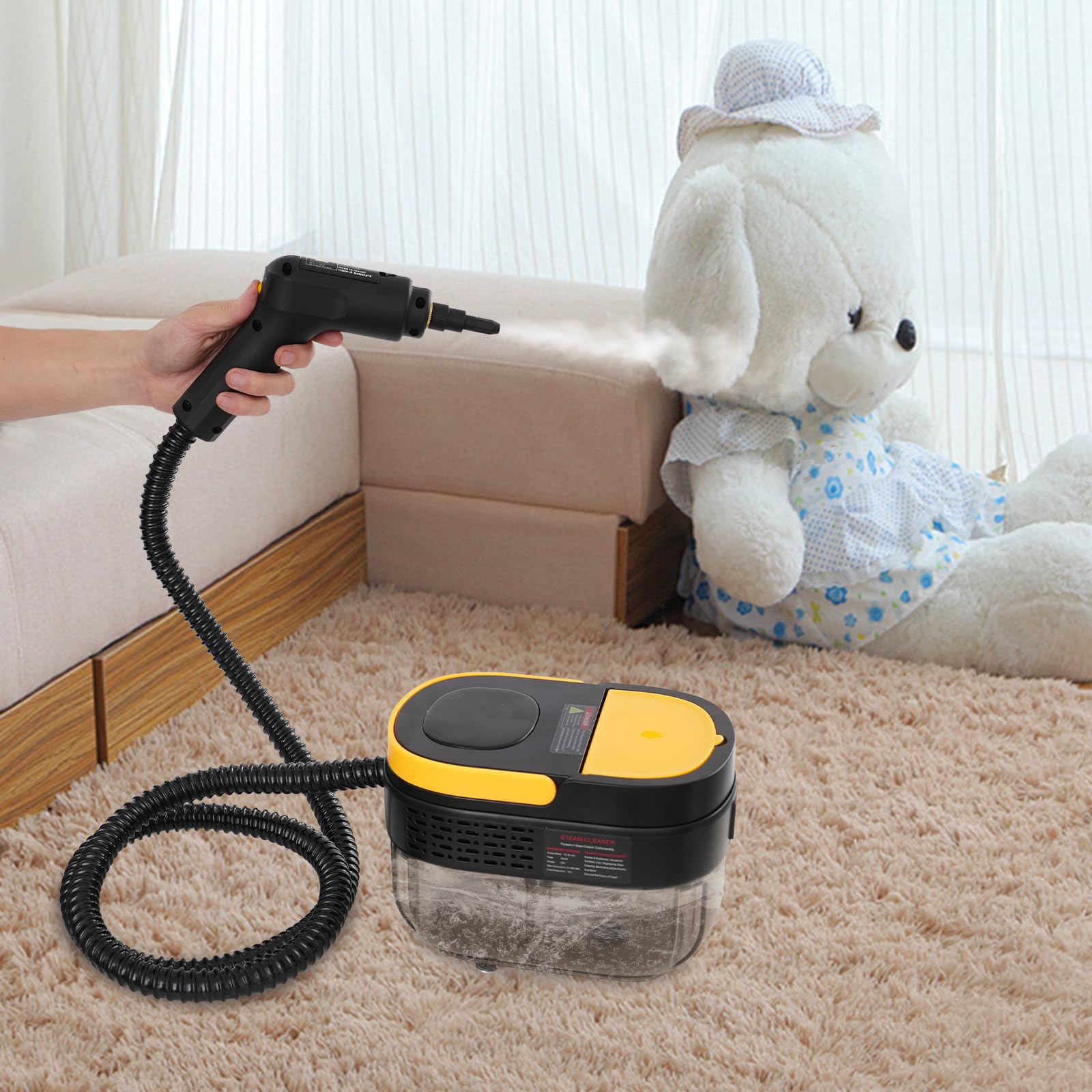 Limpiador a vapor de mano, 1500 W, con mango ajustable, depósito de agua de 1,6 L, mopa de vapor, limpiador de vapor portátil para ventanas, cocina, suelo, tapicería, baño, coche