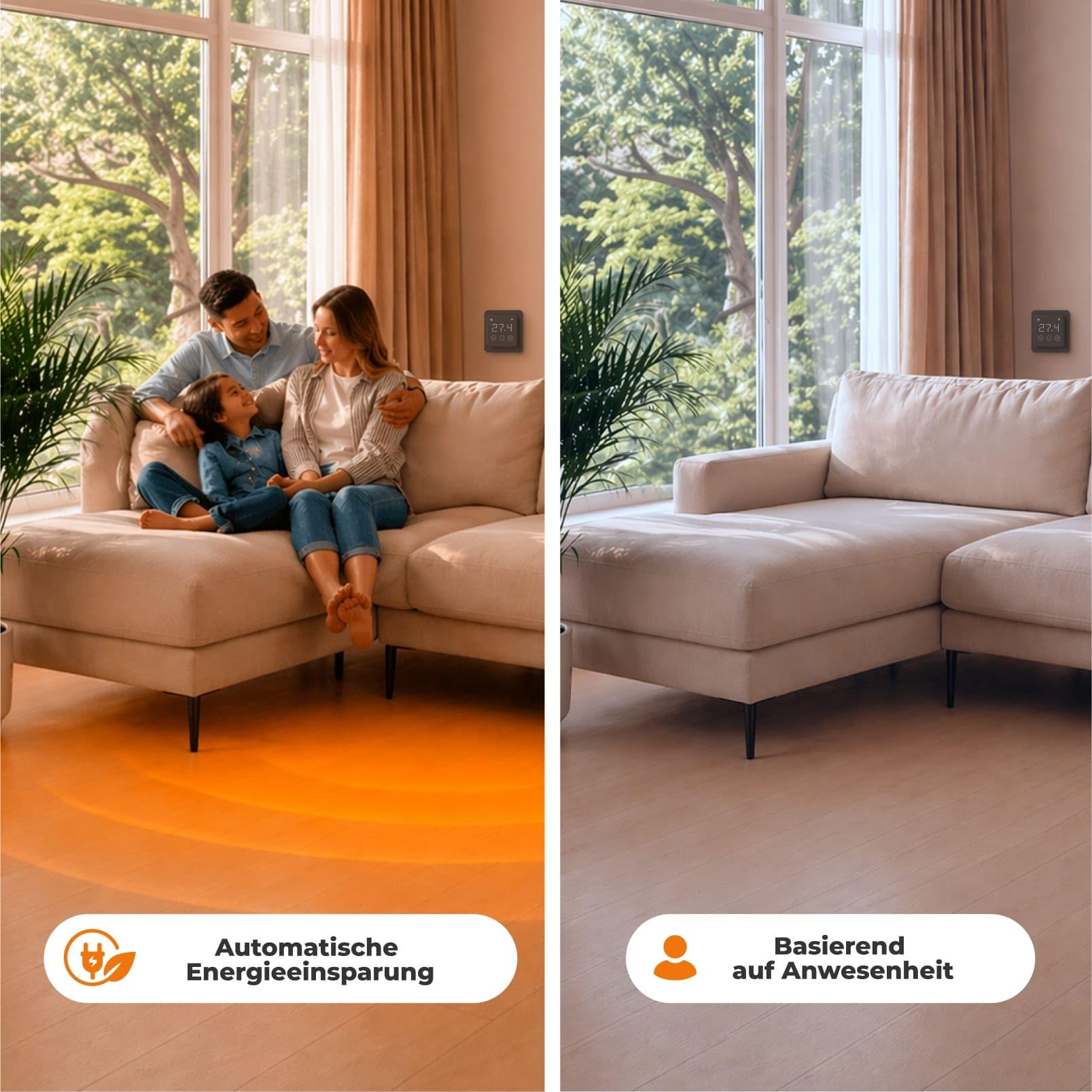 Elektrische Fußbodenheizung: Heizmatte WARMON CLASSIC LIGHT 100 W/m² inkl. Touch WiFi Thermostat(25A) mit Präsenzsensor, Thermostat:TS 500 WiFi Sensor Weiß, Mattengröße:1,5 m²