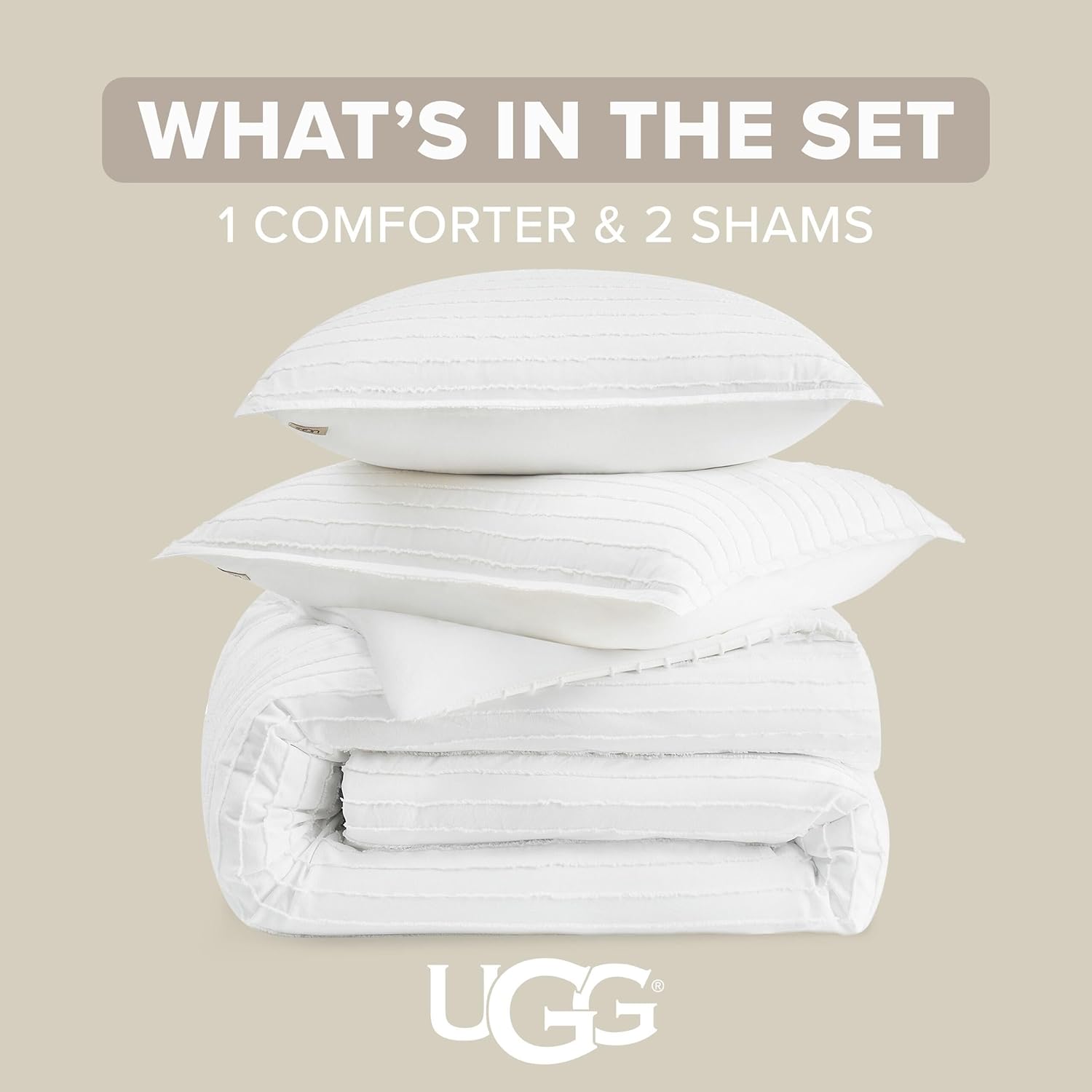UGG Textured Queen Comforter Set - 3 Piece Striped Reversible Queen Bedding Set with Pillow Shams, Stylish Soft & Luxurious White Bed Set for Home & Bedroom (Full/Queen)
