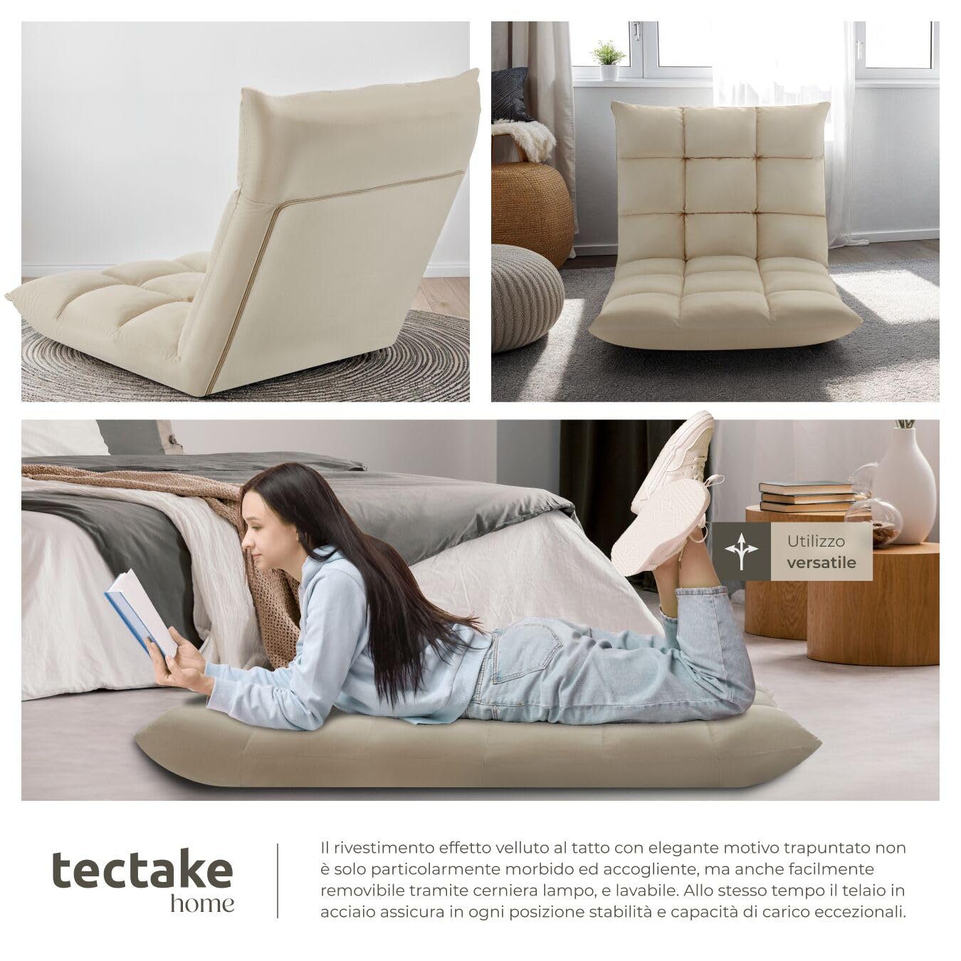 tectake® Poltrona Relax in Velluto, Poltrona Regolabile in 14 Posizioni, Imbottitura Spessa, Rivestimento Lavabile, Telaio in Acciaio, Ideale per Salotto, Camera da Letto, Ufficio - Beige