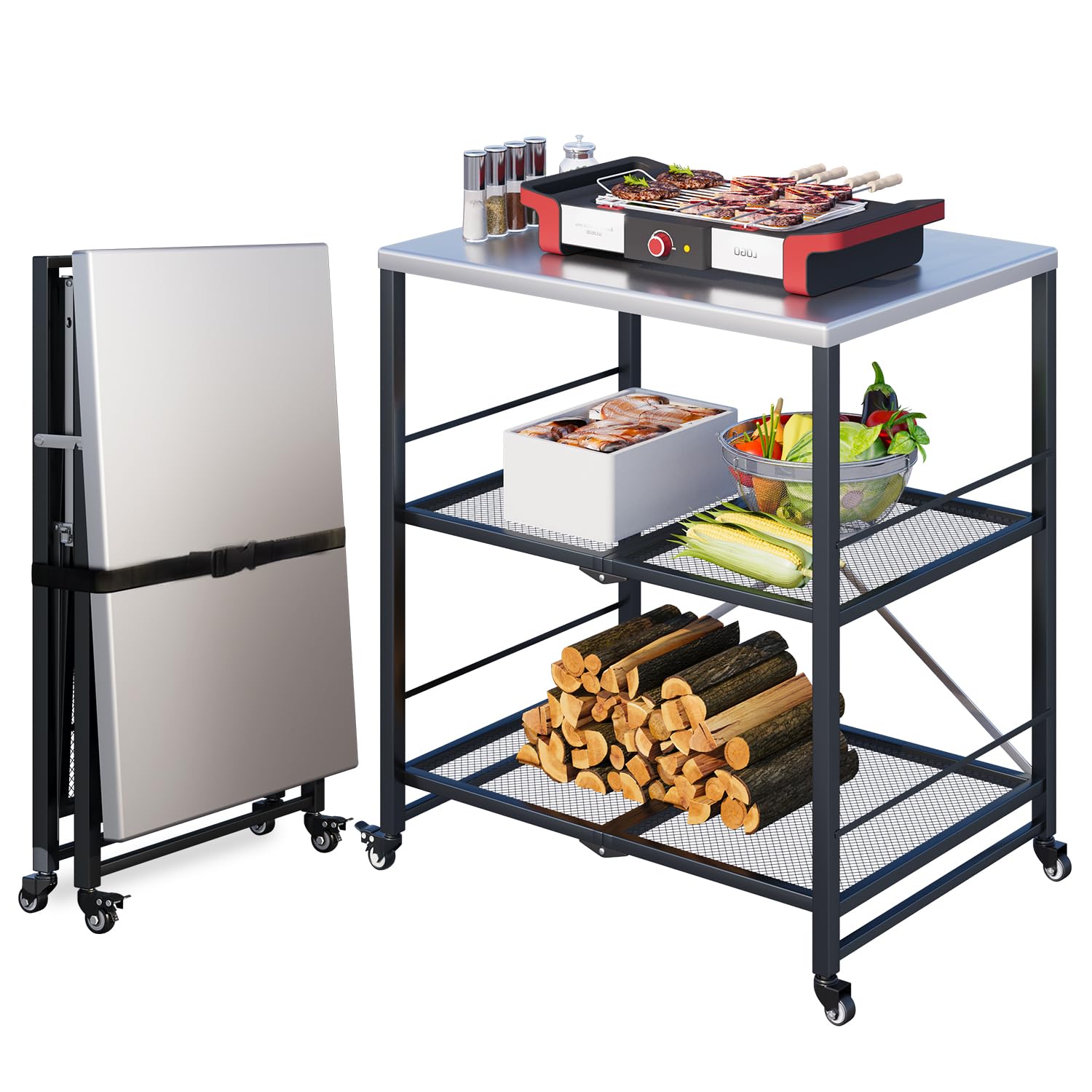 YODOLLA Desserte Plancha Exterieur,Desserte Jardin, Chariot de Barbecue 3 Niveaux,Table Pliable en Acier Inoxydable sur roulettes, Chariot de Repas Jardin et Support de BBQ Mobile, Argent