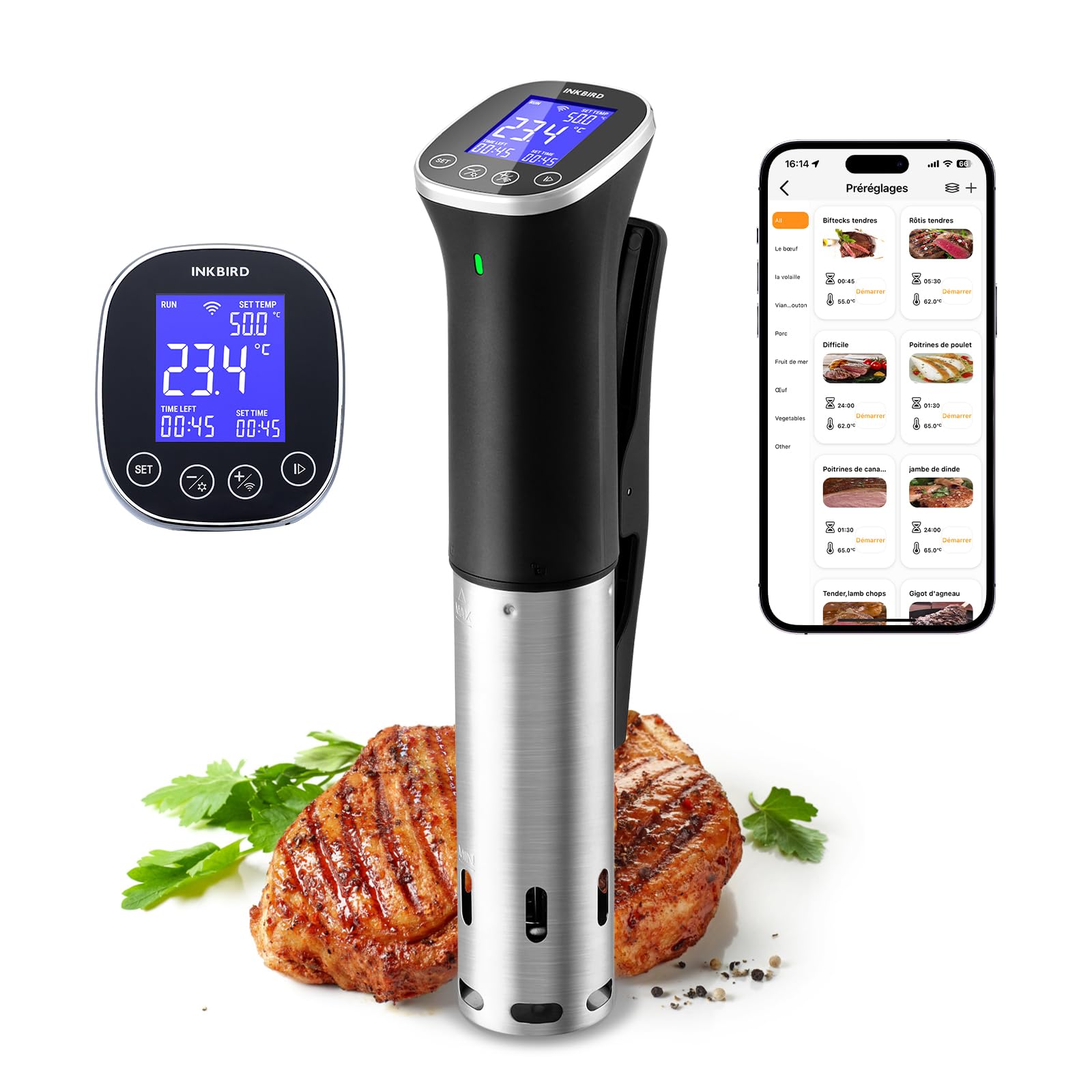 INKBIRD Wifi Thermoplongeur Cuisson Sous Vide, WLAN Sous Vide Cuiseur, 0-90 ℃ Cuisson Basse Température et Minuterie | ±0,1°C Température Précise, Recettes APP, LCD, 1000W, IPX7 Imperméable, ISV-300W