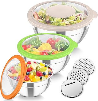 TeamFar Mixing Bowls, 3PCS Stainless Steel Serving Salad Bowls with Lids & 3 Graters, For Kitchen Mixing/Baking/Storing/Prepping, Visible & Airtight, Easy Clean - 4.5/3 / 1.5 QT, Multi-color