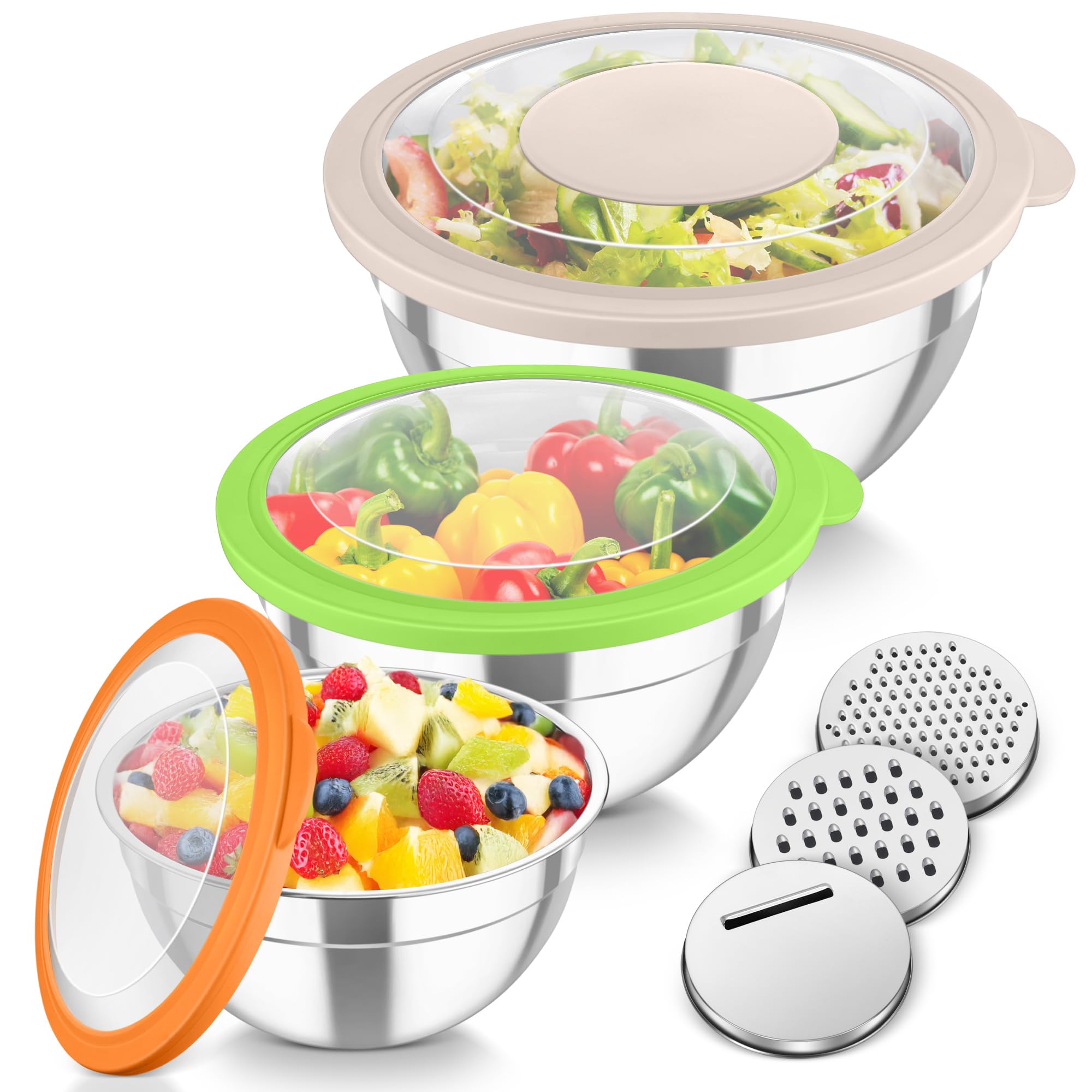 TeamFar Mixing Bowls, 3PCS Stainless Steel Serving Salad Bowls with Lids & 3 Graters, For Kitchen Mixing/Baking/Storing/Prepping, Visible & Airtight, Easy Clean - 4.5/3 / 1.5 QT, Multi-color