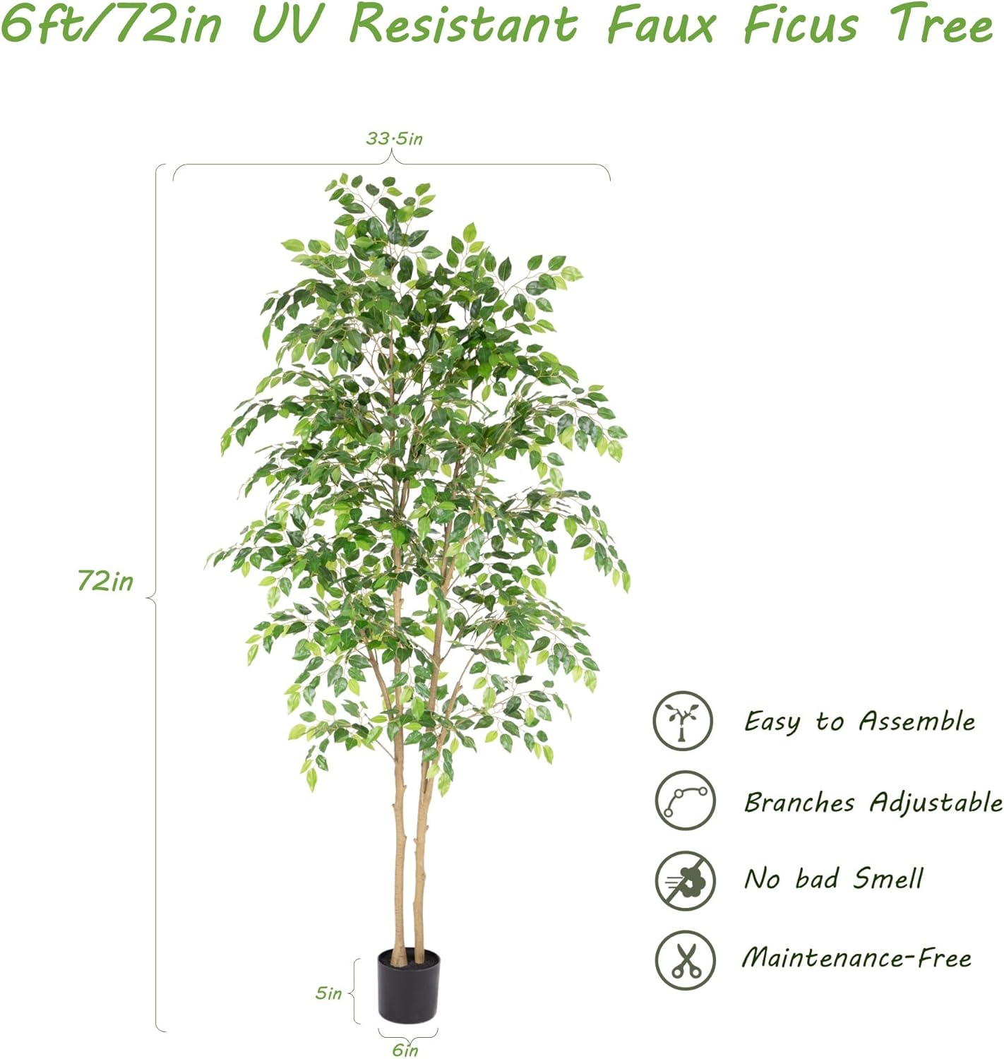 Nafresh Tall UV Resistant Ficus Tree Artificial,6ft(72in) Faux Ficus Tree with Realistic Smooth and Shiny Leaves, Fake Trees Indoor Outdoor for Home Office Living Room Bedroom Foyer Porch Decor. - Image 5