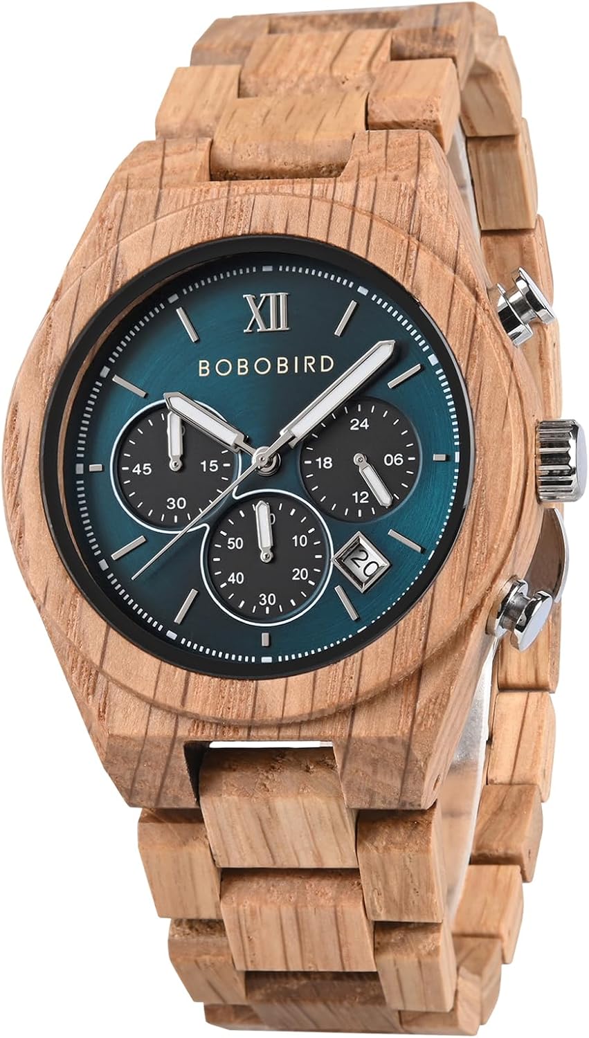 BOBO BIRD Wooden Watch for Men, Chronograph Multifunctional Wristwatch, Ebony, Oak, Zebrawood, Walnut, Lightweight Design, Wooden Gift Box Packaging