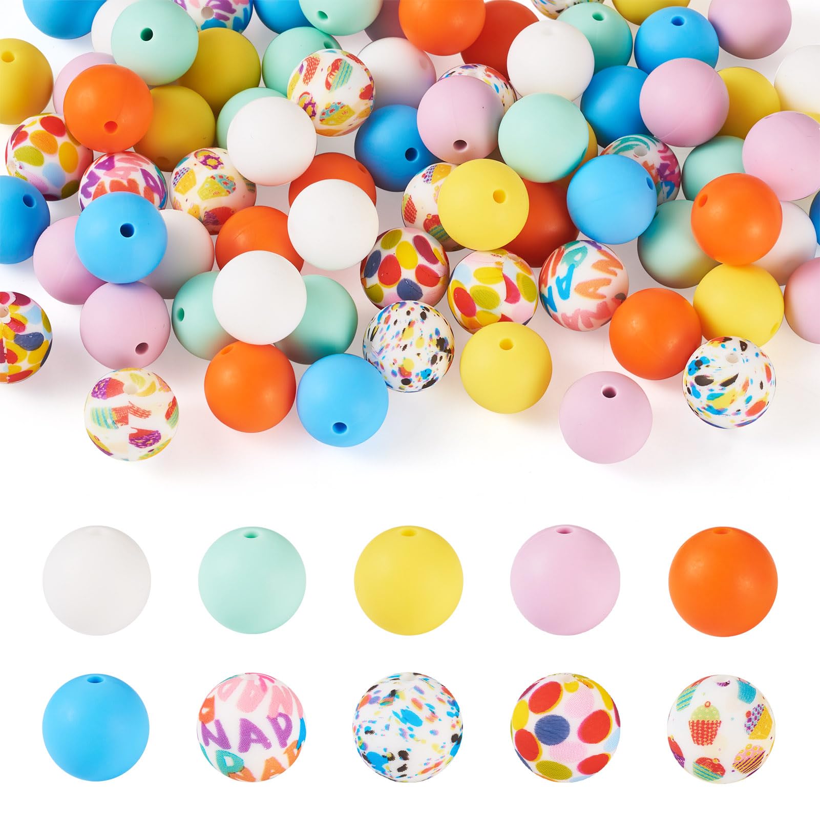 Boutigem 76Pcs 15mm Silicone Round Beads Bulk Colorful Silicone Focal Beads Dot Pattern Rubber Beads for Bracelet Keychain Jewelry Making Pen Decor — image 1