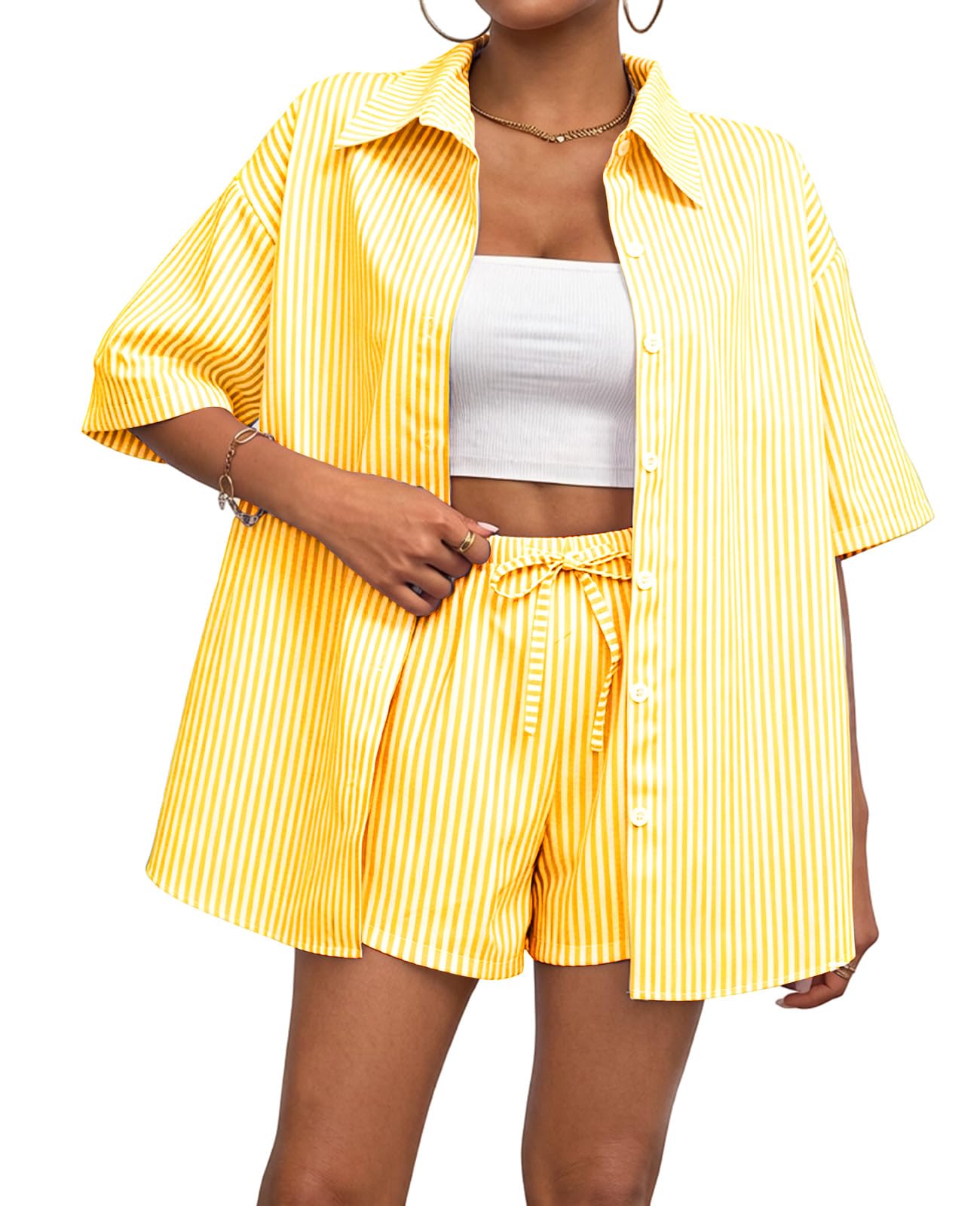 Rayson Damen Zweiteiler Set 2 Teiler für Sommer Gestreift Oversized Hemd mit Shorts Kurzarm Set Casual Sommer Outfit