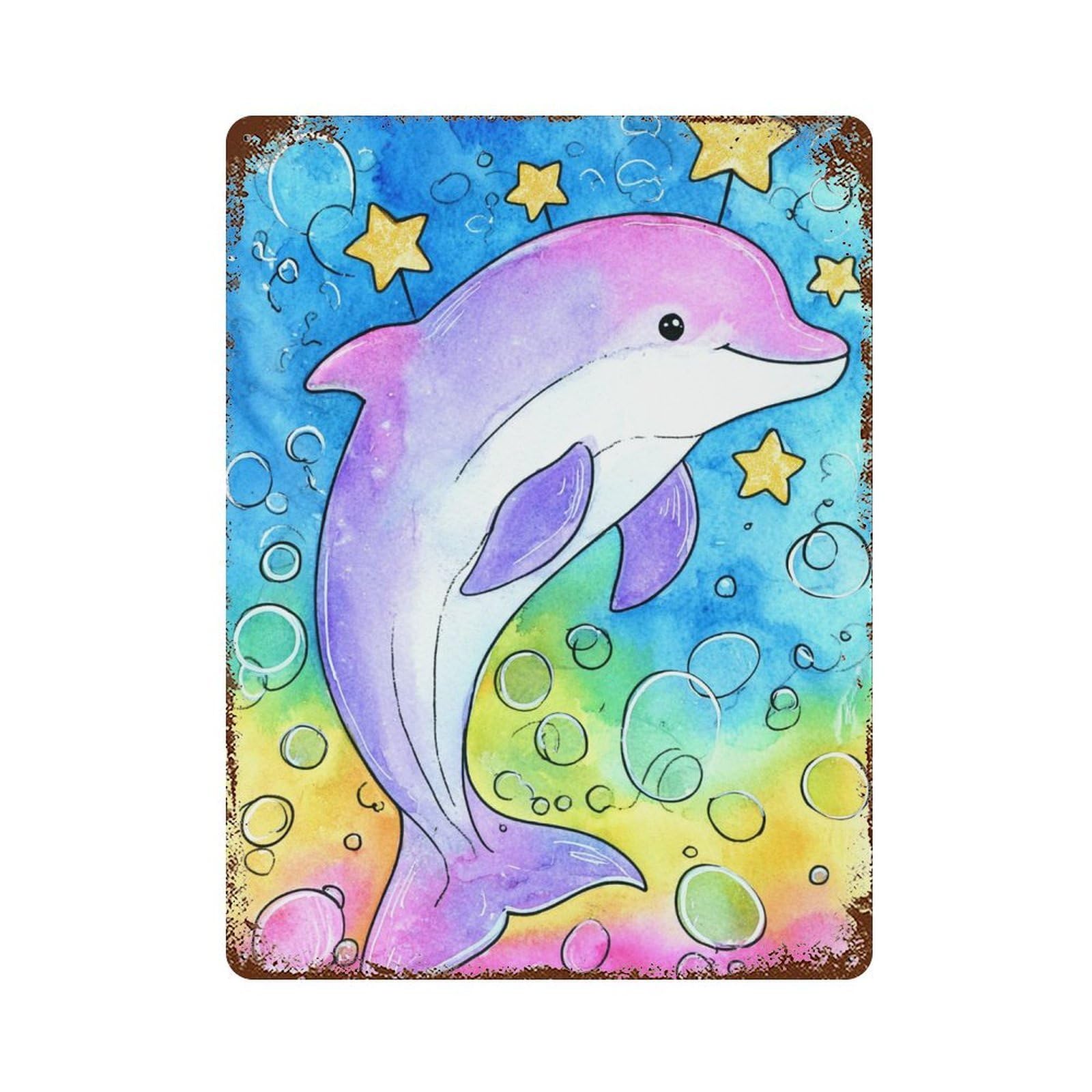 Colorful Dolphin Watercolor Art Print Weathered Tin Sign 15.7"x11.8", Rustic Home Decor for Garage, Pub Or Kitchen