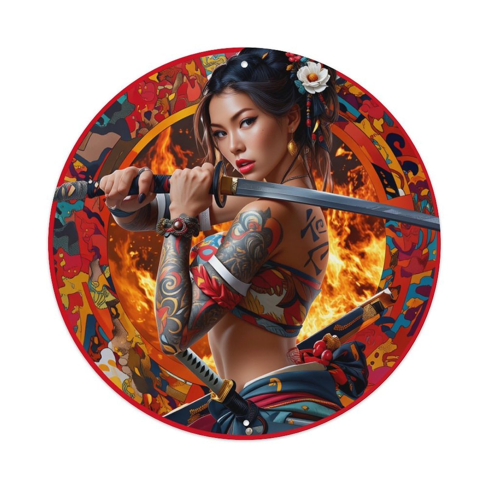 Flame Dragon Tattoo Samurai Art Round Tin Sign Retro Metal Sign for Cafe Bar Pub Home Game Room Gym Club Wall Decoration Vintage Metal Poster 8x8 Inch