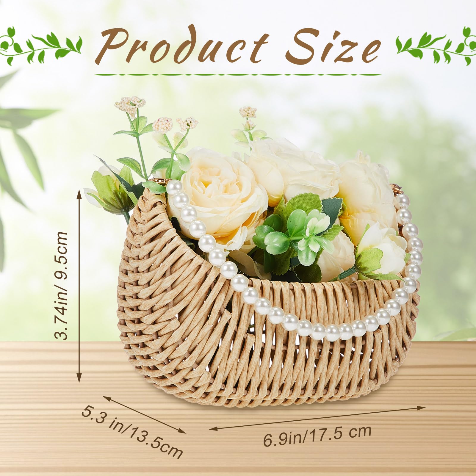 Taiyin 2 Pcs Rattan Flower Girl Basket with Pearl Handle Small Half Moon Wicker Basket for Wedding Flower Girl Picnic Garden Storage and Home Decor