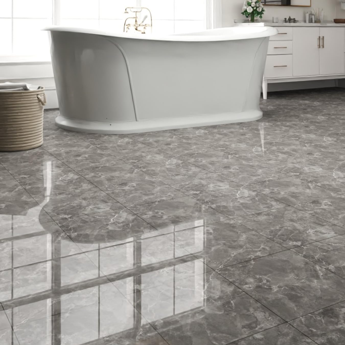 40-Pack 40 Sq.Ft Peel and Stick Floor Tiles Vinyl Glossy Pattern Flooring, 12” x 12” Self Adhesive Vinyl Flooring DIY for Kitchen, Bathroom, Laundry, Polish Dark Grey Marble