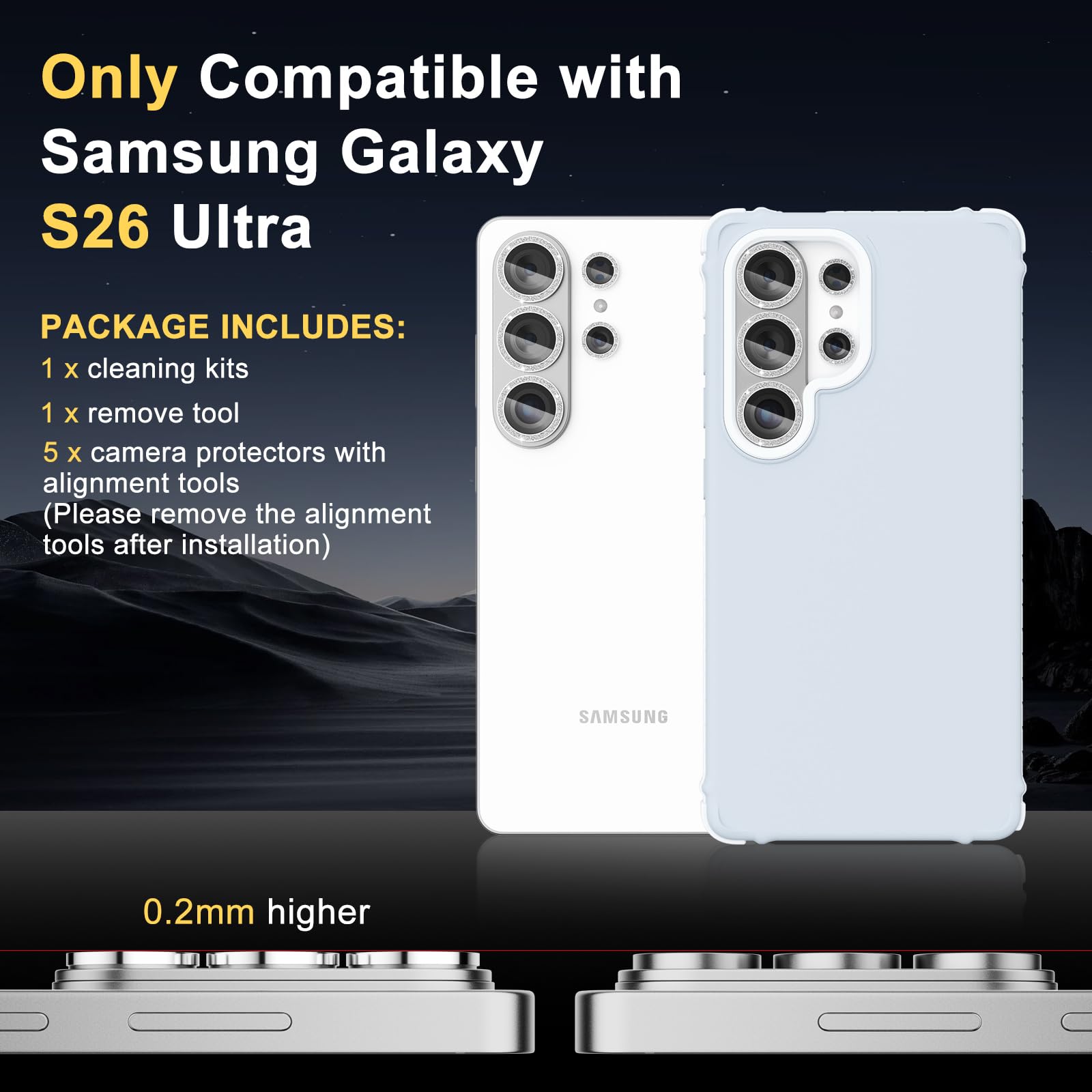 Kameraobjektivschutz für Galaxy S26 Ultra, gehärtetes Glas, Objektivschutz, individuelle Kamera-Abdeckung mit Ausrichtungsschale, passend für Galaxy S26 Ultra, Glitzer, Silber