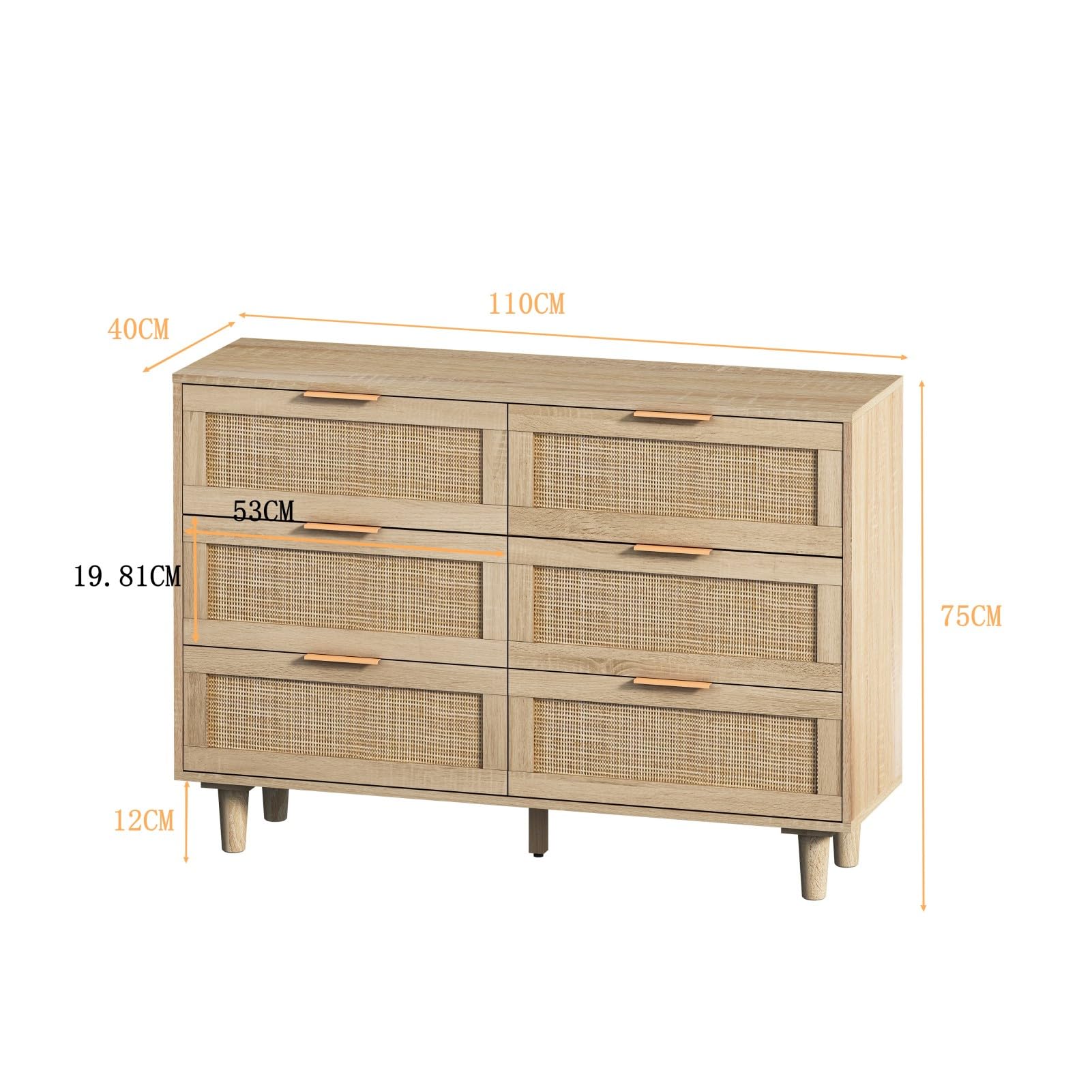 Amazon｜110cm ブラック 木製 チェスト ラタン引き出し6個と取っ手付き