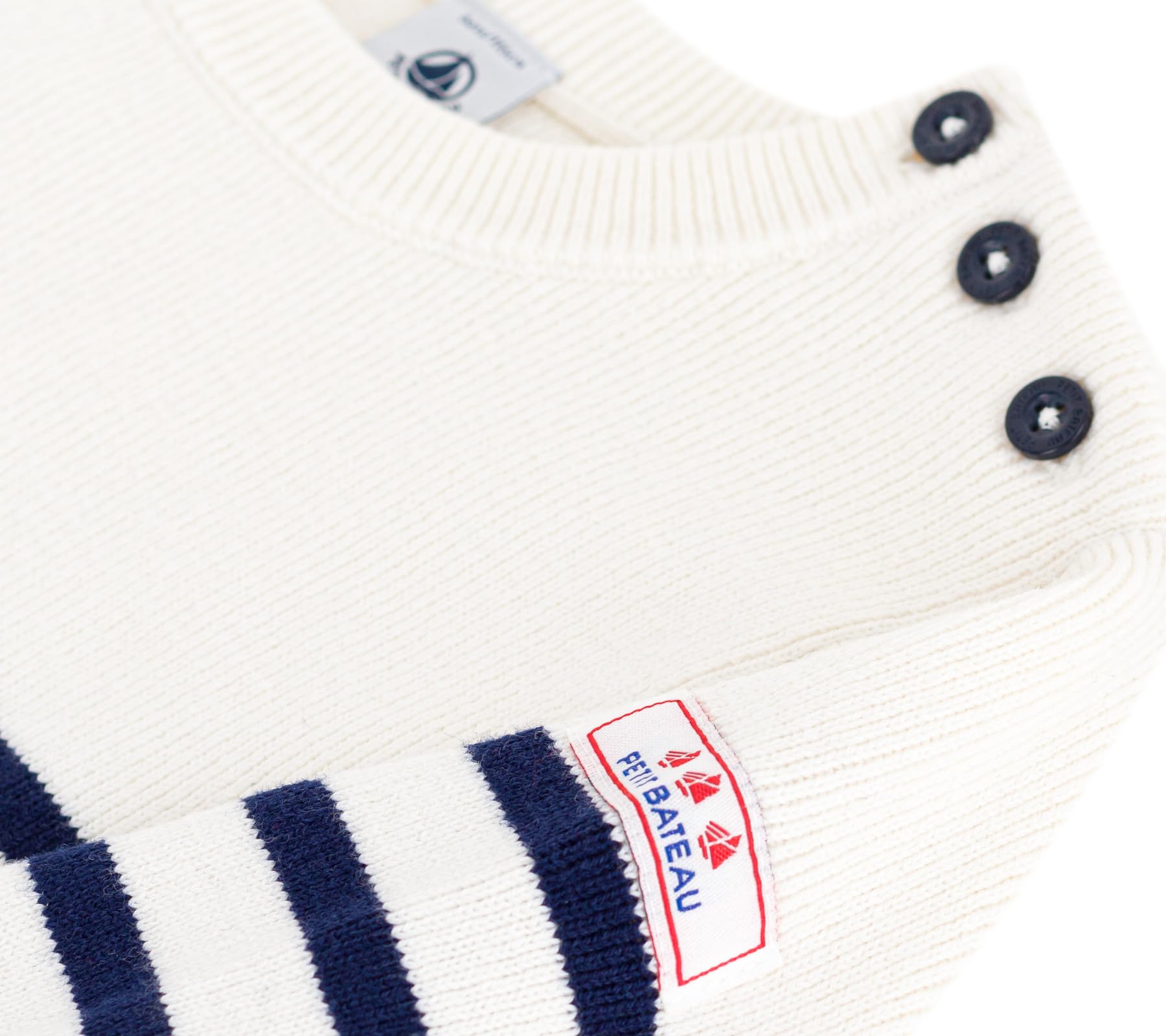 Petit Bateau Pequeño Barco sweter dziecięcy z wełny i bawełny w paski, Marshmallow/Noche, 10 lat