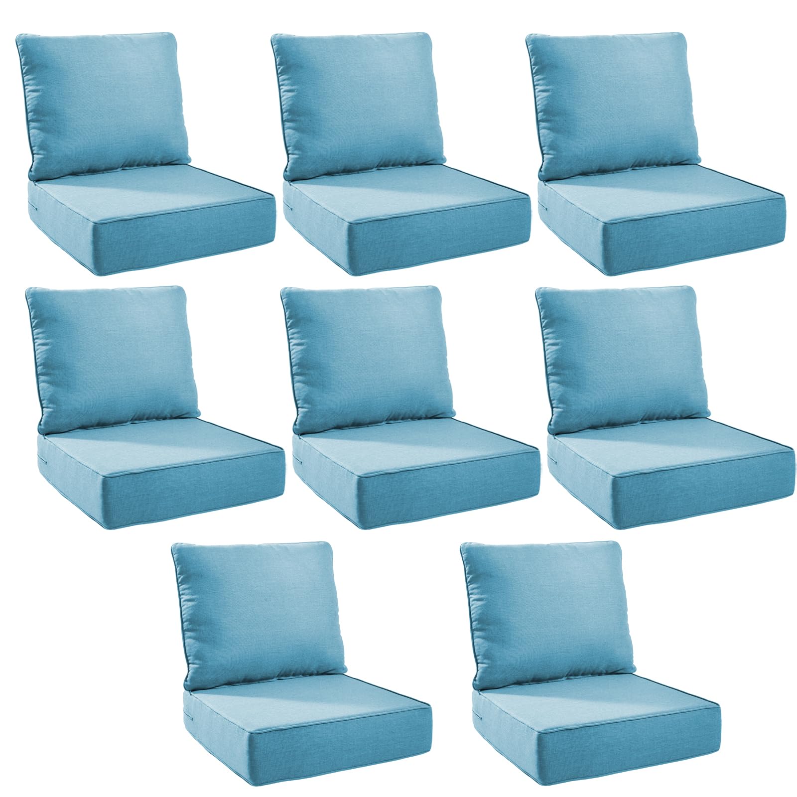 Outdoor Cushion Set for Patio Furniture, UV Resistant, Water Resistant - 6 Inch Thick Foam Garden Cushions– 24x24 Inch Patio Seat Covers for Chair/Sofa/Couch | Light Blue | 8-Pack |