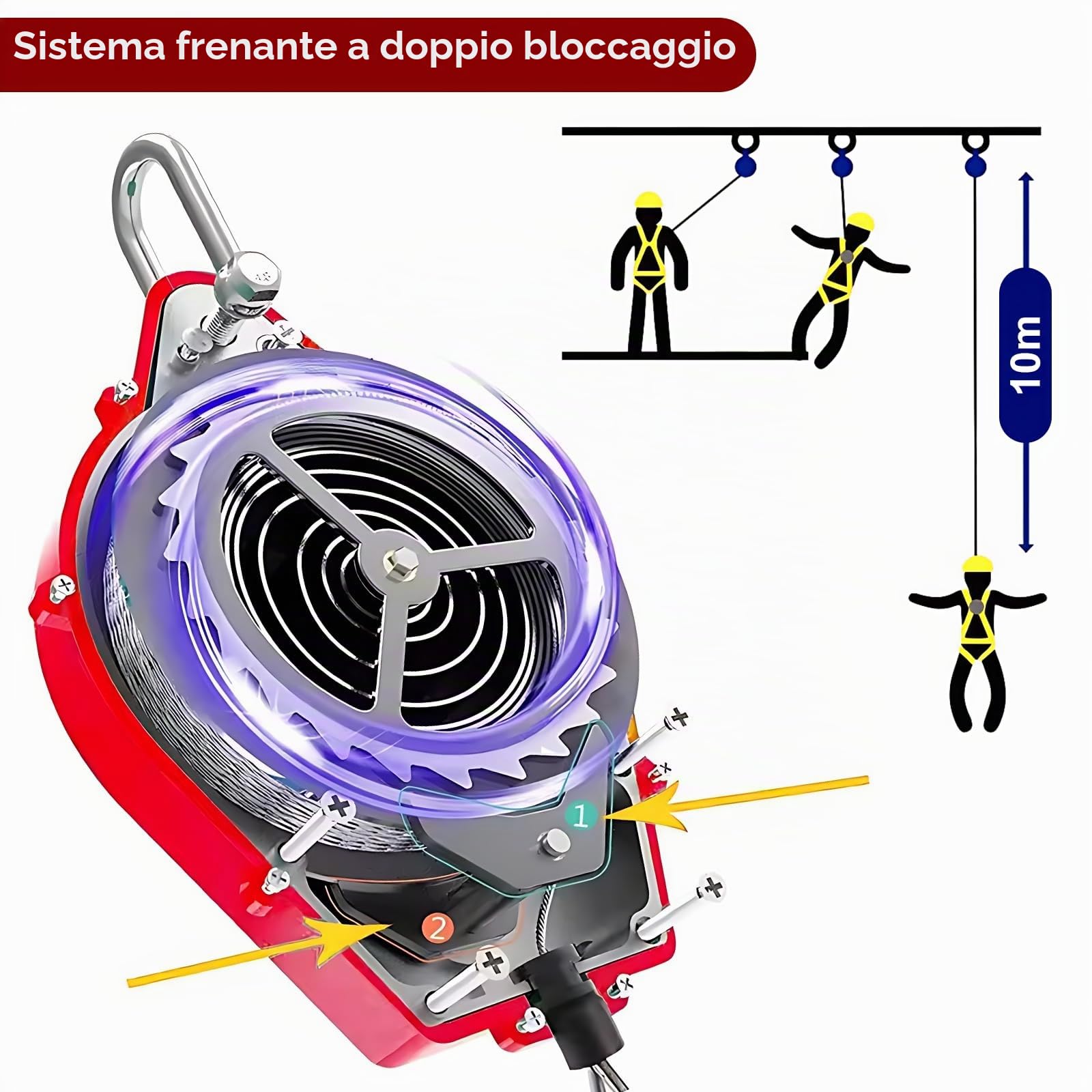 Dispositivo Anticaduta Retrattile Certificato 200 Kg(Rosso,10 mt) | 10 mt Dispositivo Anticaduta Tetto con Gancio, Rosso Dispositivo di Sicurezza Anticaduta Retrattile per Tetto/ Lavoro Aereo