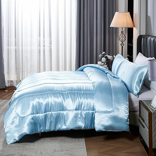 Miniatura 4 de Juego de edredón blanco de satén, edredón de plumón alternativo blanco plateado, relleno de poliéster sedoso de lujo, edredón de cama de satén de