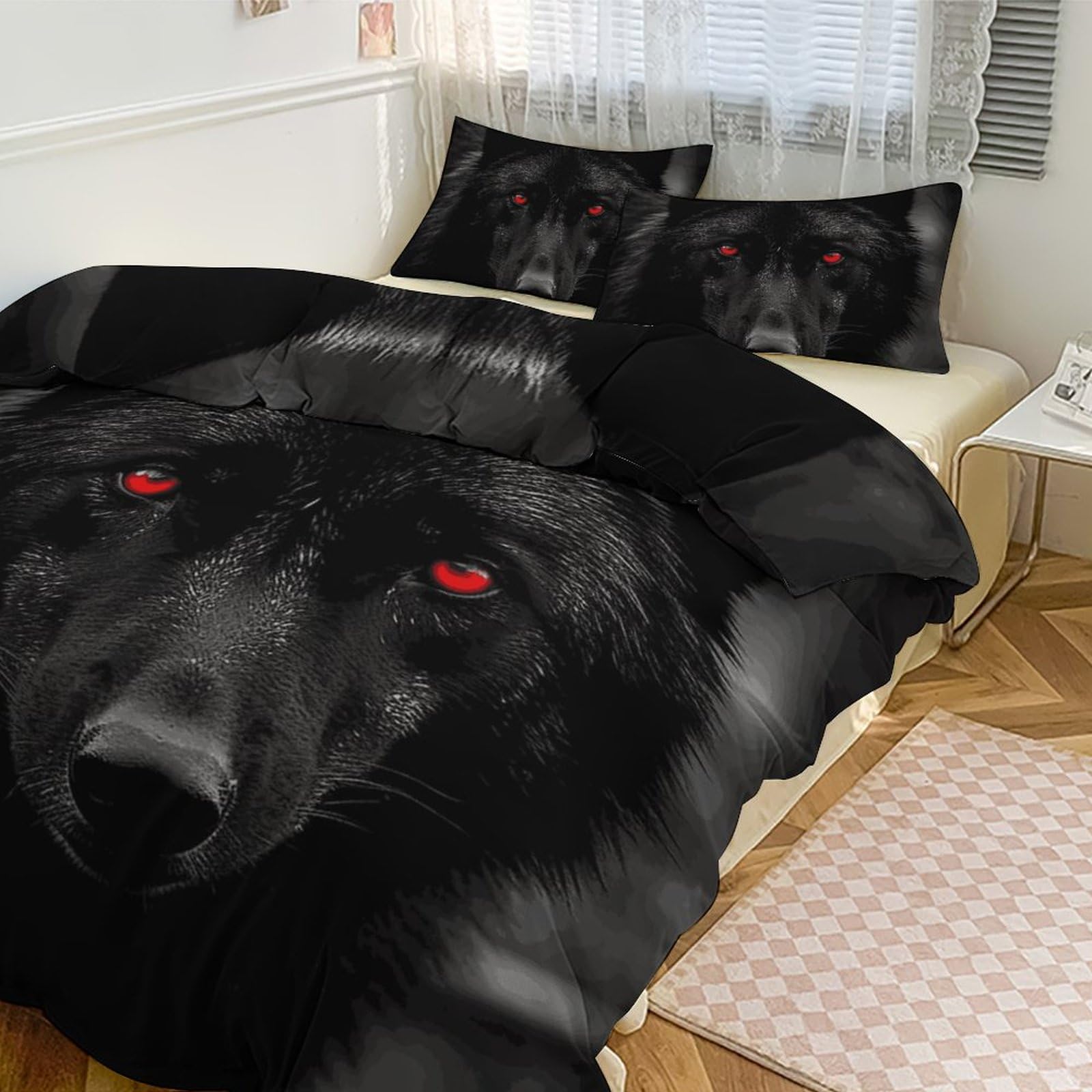 Parure de lit avec couette grand lit motif loup noir 3 pièces avec couvre-lit épais et taie