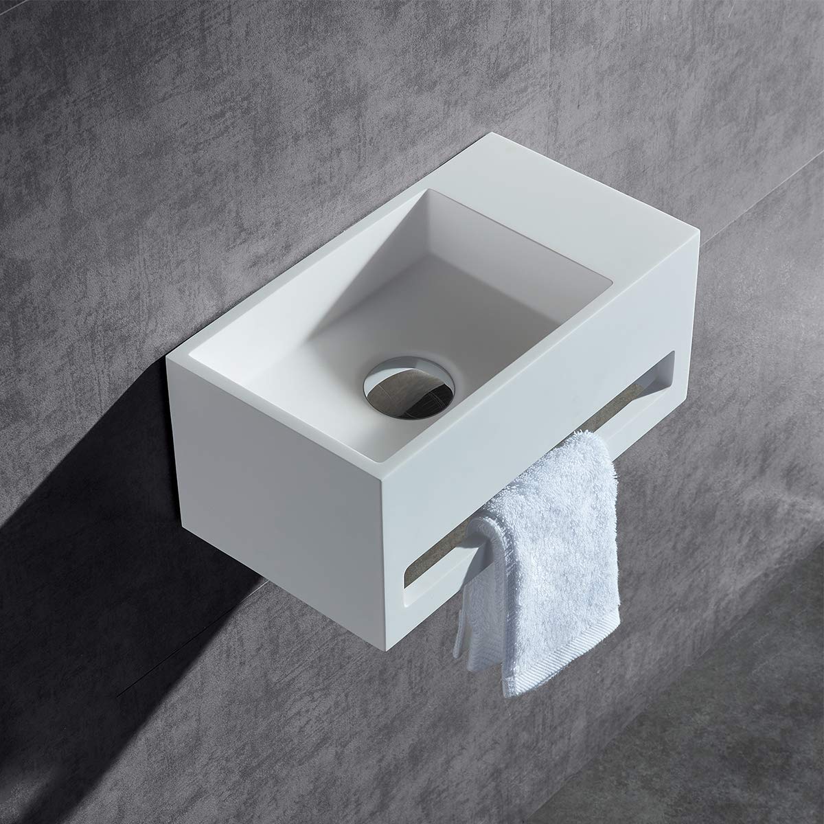 BERNSTEIN - Vasque Lavabo Rectangulaire suspendu Blanc mat 60x40x20cm Lave main mural fonte minérale + Porte-serviette & Bonde sans cache - Etagère à droite - Design, Robuste & Durable - TWG02