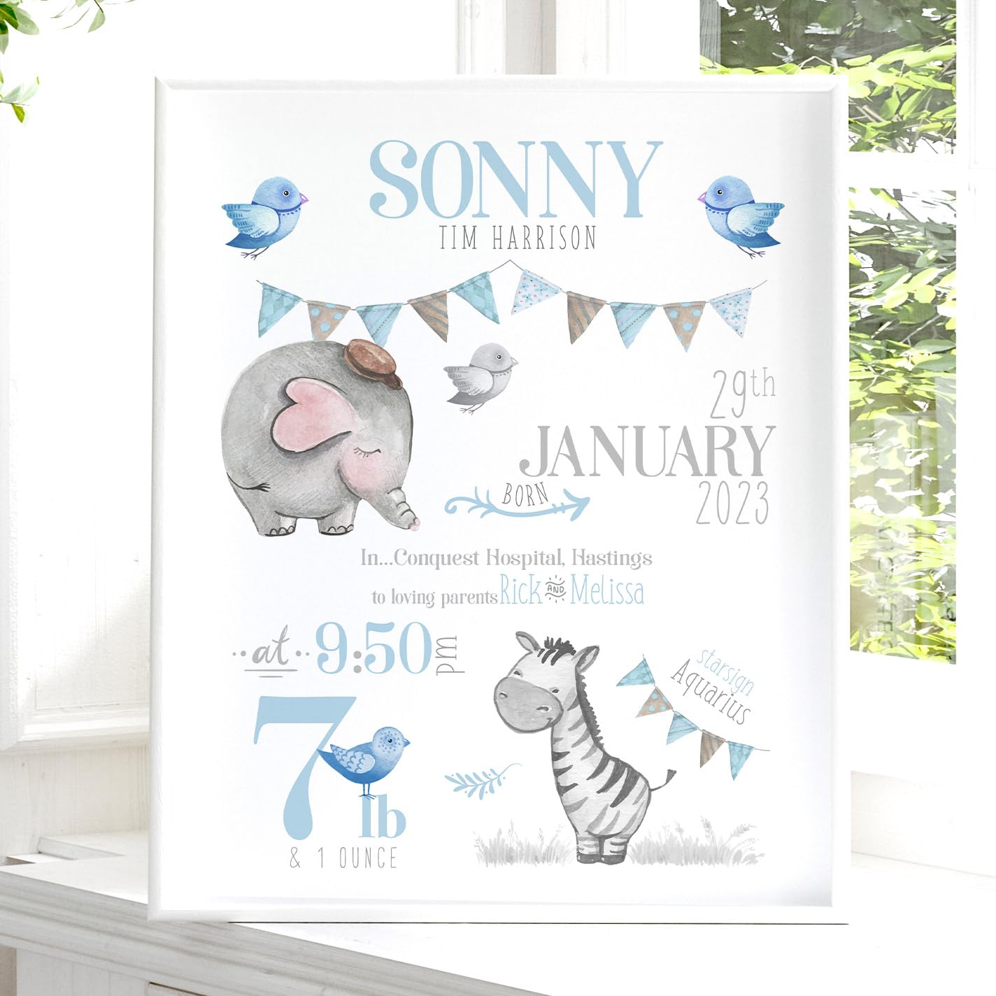 The Whistling Wren - Personalised Watercolour Safari Birth Print - Birth Stats New Baby Boy Gift - FRAMED or UNFRAMED Options - Blue (BABY BOY)