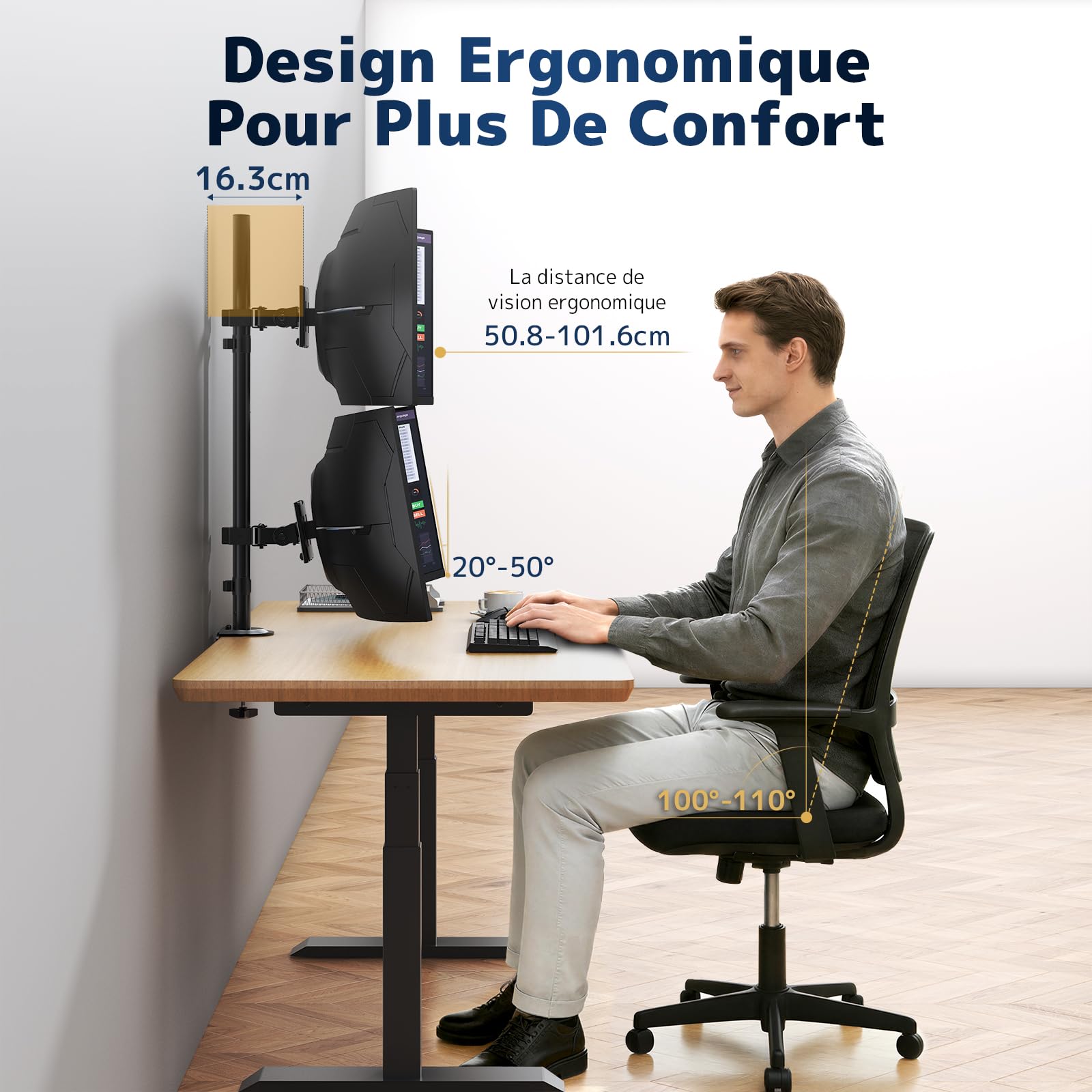 Support Moniteur pour 2 Écrans 17-49 Pouces – Bras Double Réglable en Hauteur, VESA 75x75 & 100x100 mm, Inclinable, Pivotant, Gain de Place, Noir