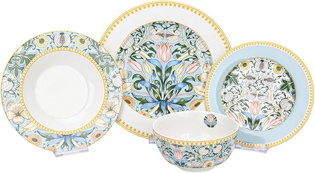 24-Piece Bone China Dinnerware Set in Gift Box, Service for 6, Porcelain Dinnerware, Tropical Dishes Set - Dinner Plates Dessert Plates Cereal Bowls Mugs Morris Garden