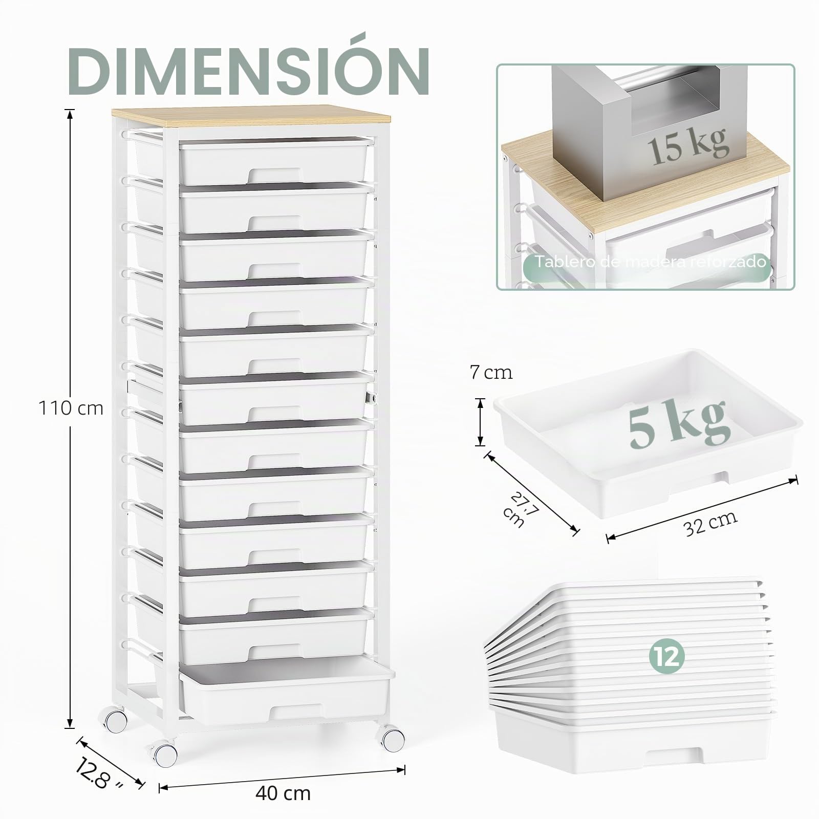 SYKIARIOL Carrito de 12 cajones con Ruedas y encimera de Madera, Blanco | Carrito multiuso para bricolaje, carrito con encimera imitación madera para baño, cocina, salón y dormitorio
