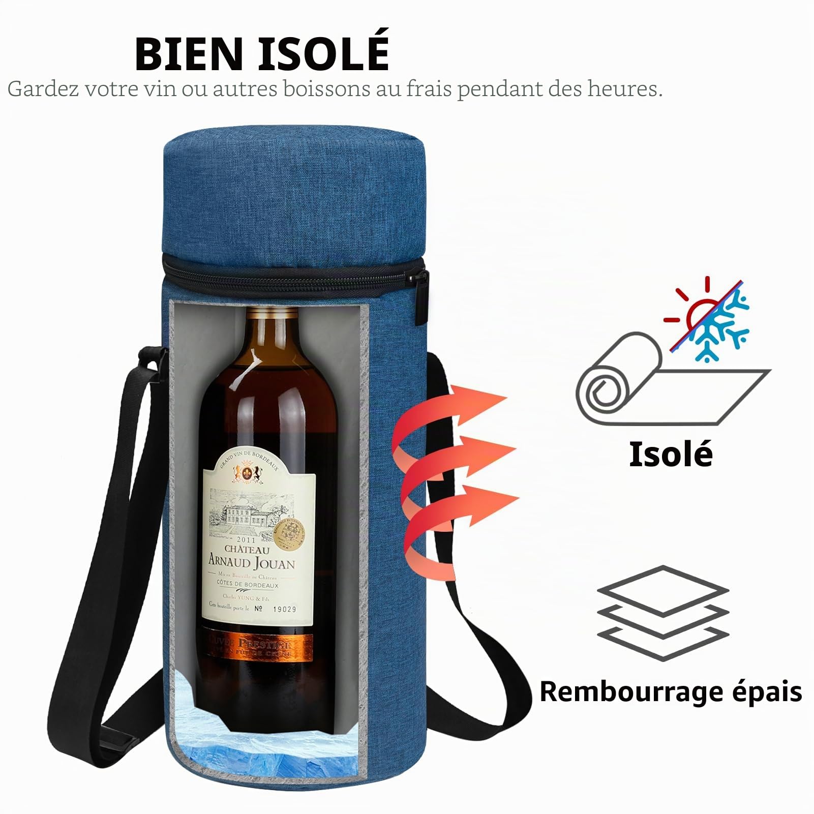 AOSBOS Grand Sac Isotherme pour 1,5L Bouteille de Vin Champagne Porte-Bouteille d’Eau 1,5 litres avec Bandoulière Réglable, Bleu