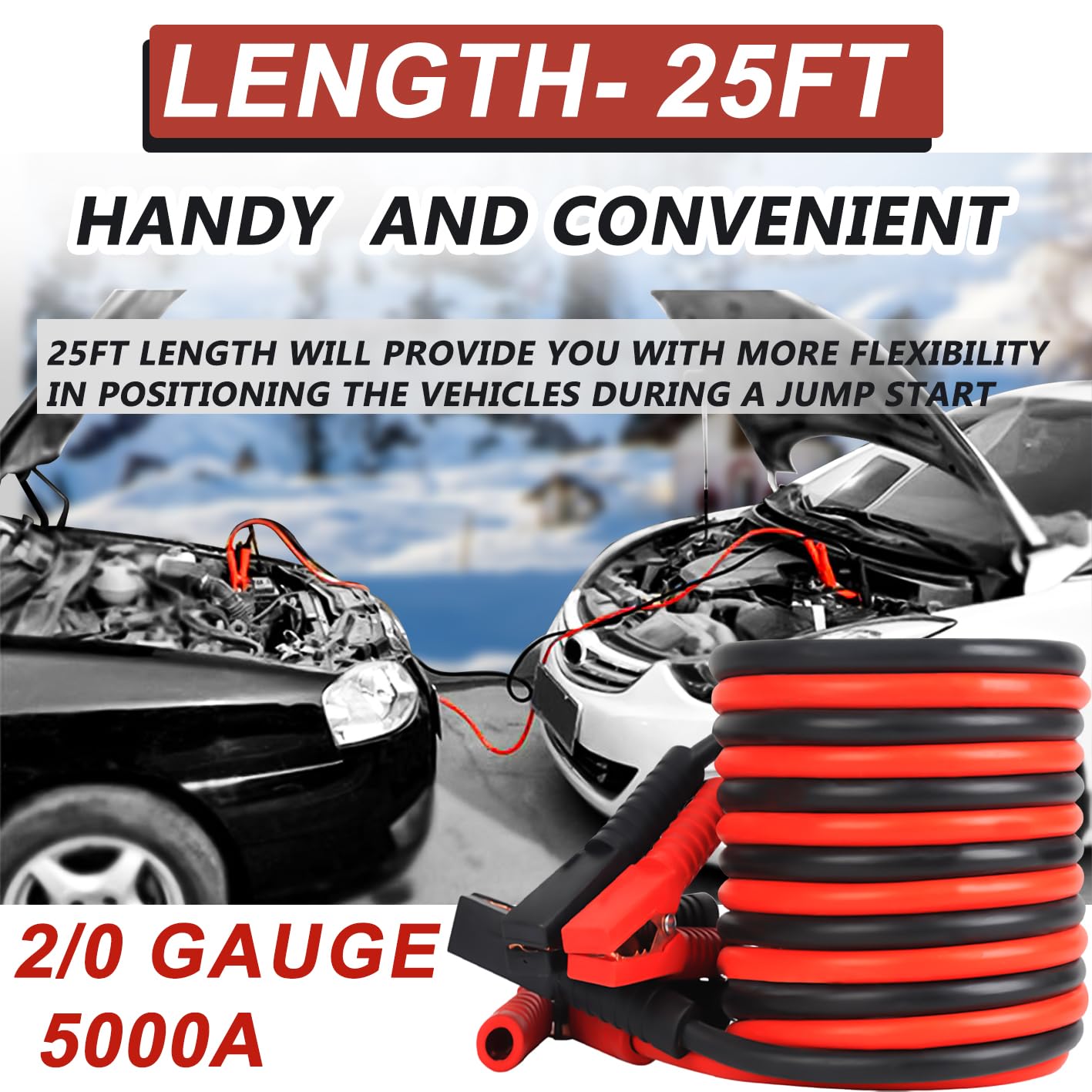 Câbles de démarrage de calibre 2/0, 7,6 m, 5000 A, câble de démarrage robuste pour voiture, camionnette, camion, câbles de démarrage automobile pour démarrage de batteries mortes et faibles, transfère