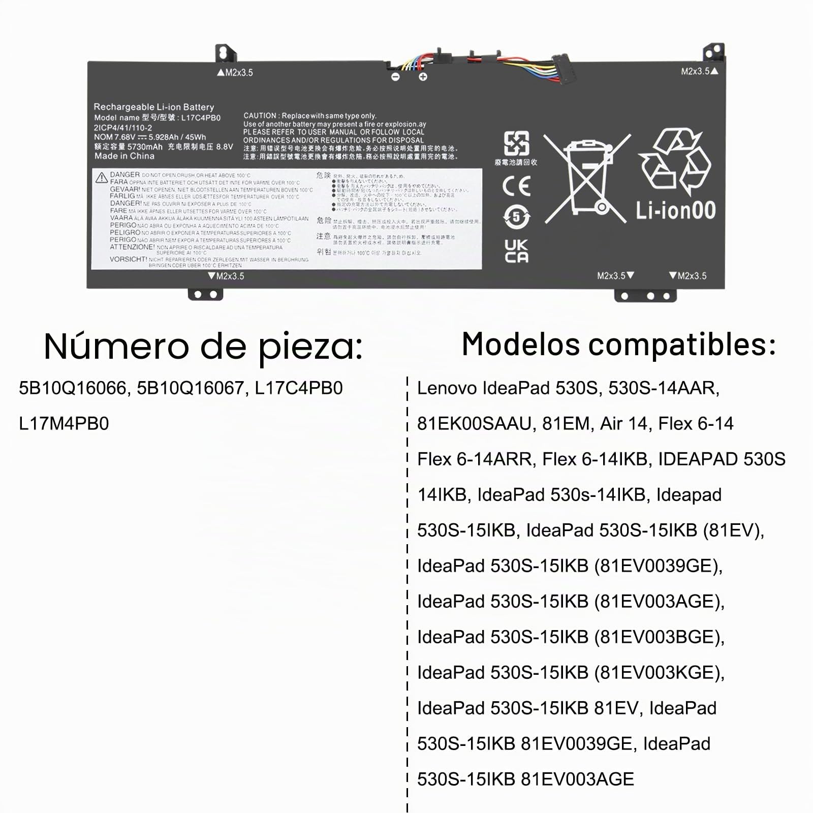 L17C4PB0 Batería para Lenovo IdeaPad 530S-14IKB 530S-14ARR 530S-15IKB Yoga 530-14IKB 530-14ARR Flex 6-14IKB 6-14ARR Serie L17M4PB0 L17C4PB0 2 L17 M4PB2 5B10Q16066 5B10QQQ16067 7.68V 45Wh